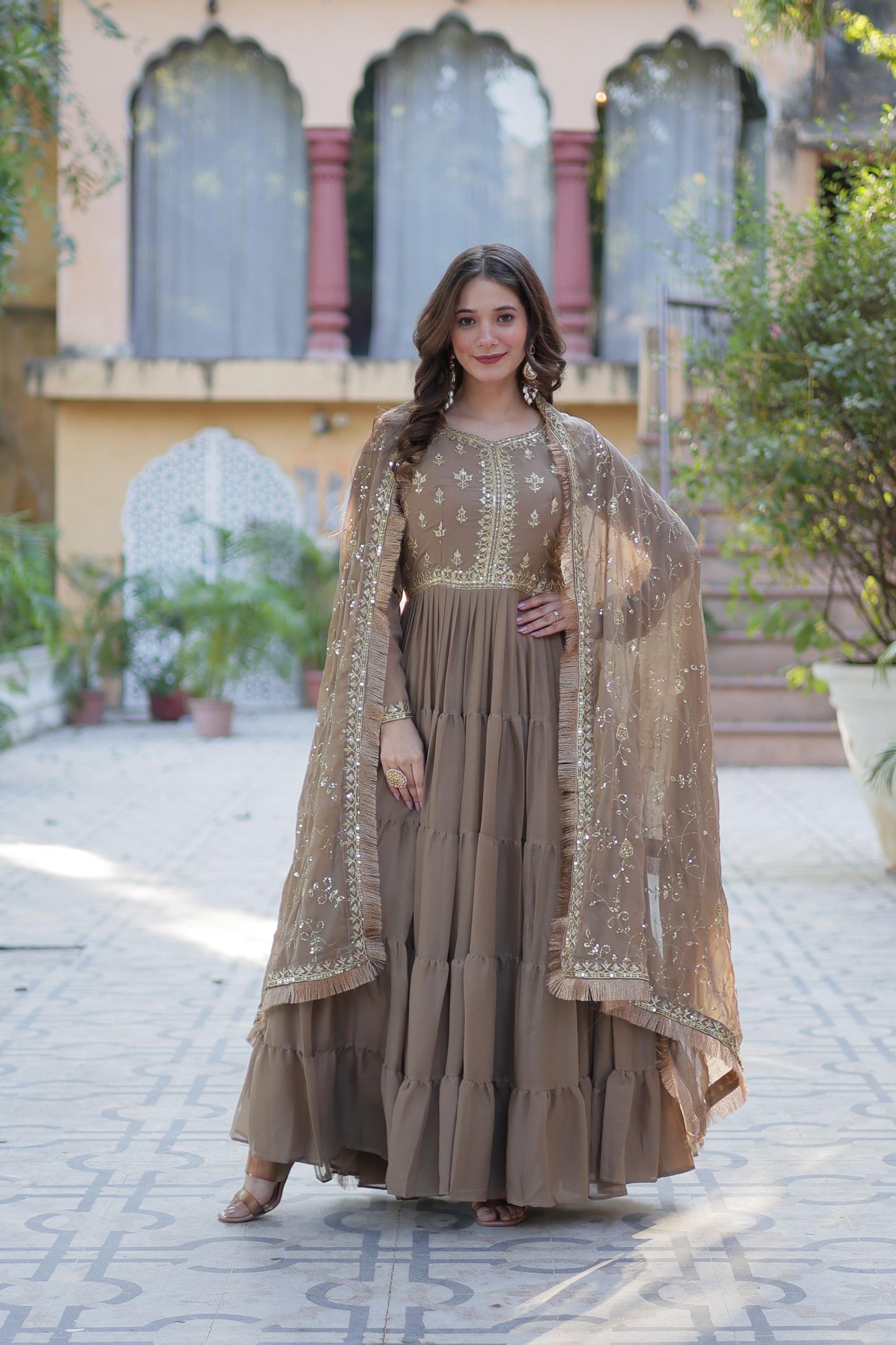 Spellbinding Georgette Ruffle Sequins Embroidered Gown With Dupatta - INDIAN ELEGANCE