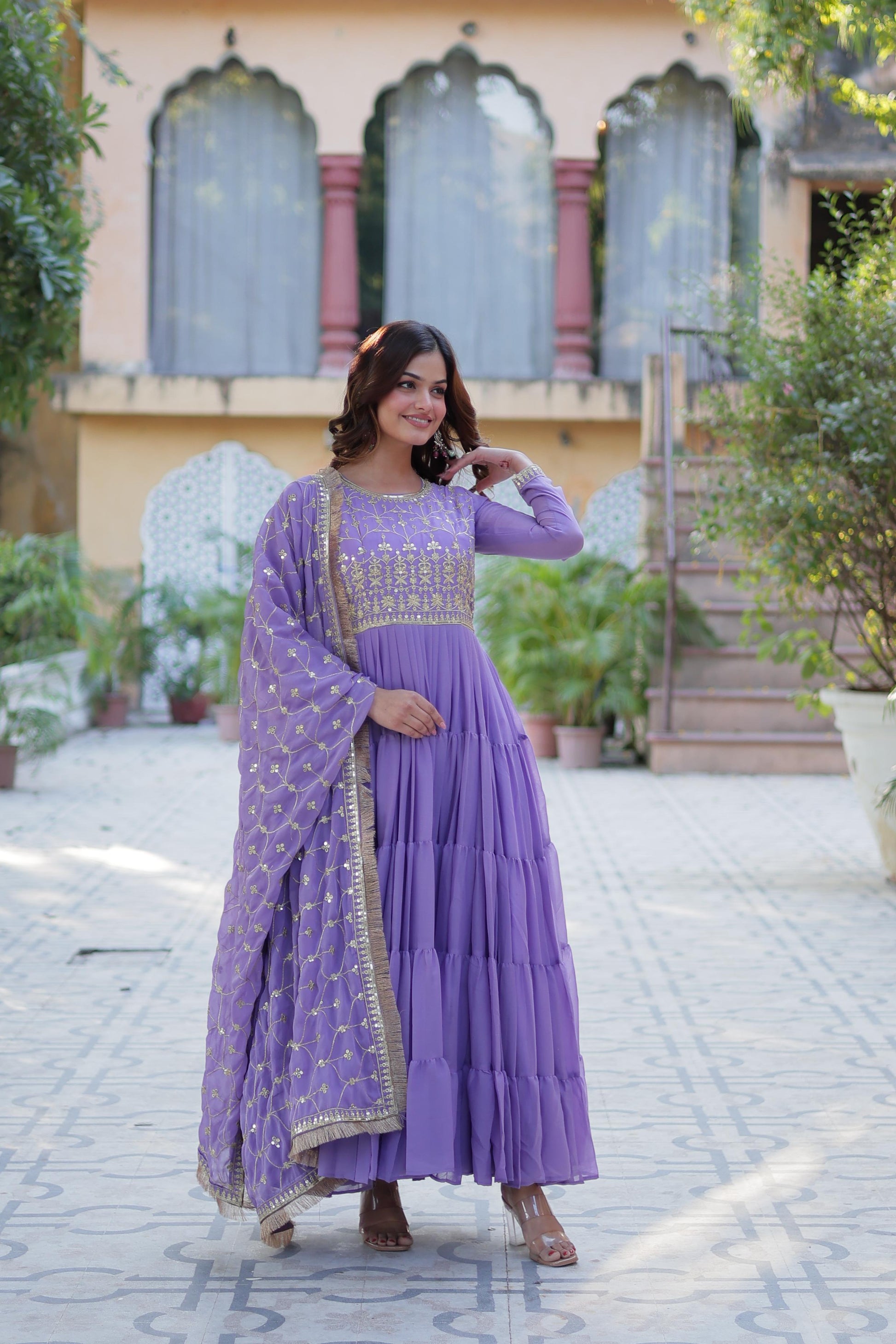Spellbinding Georgette Ruffle Sequins Embroidered Gown With Dupatta - INDIAN ELEGANCE