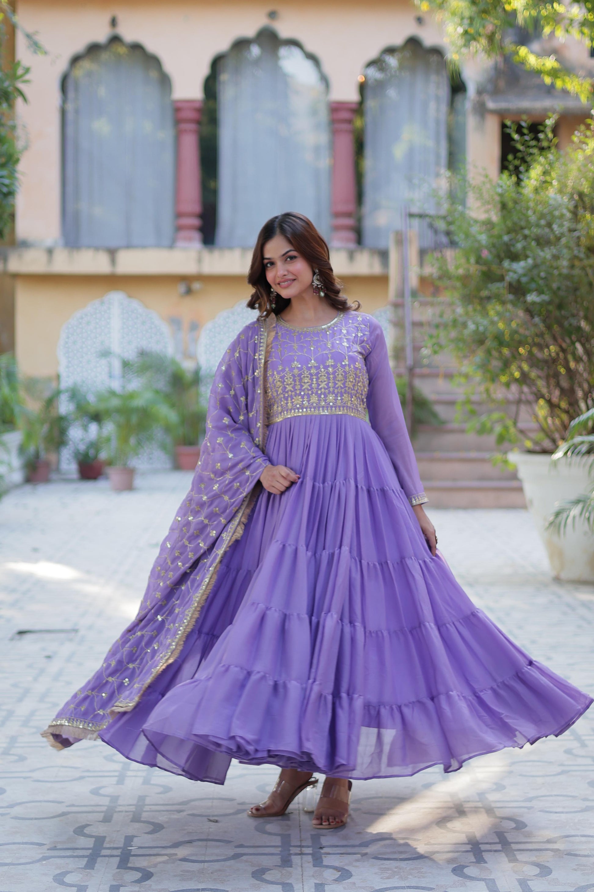 Spellbinding Georgette Ruffle Sequins Embroidered Gown With Dupatta - INDIAN ELEGANCE