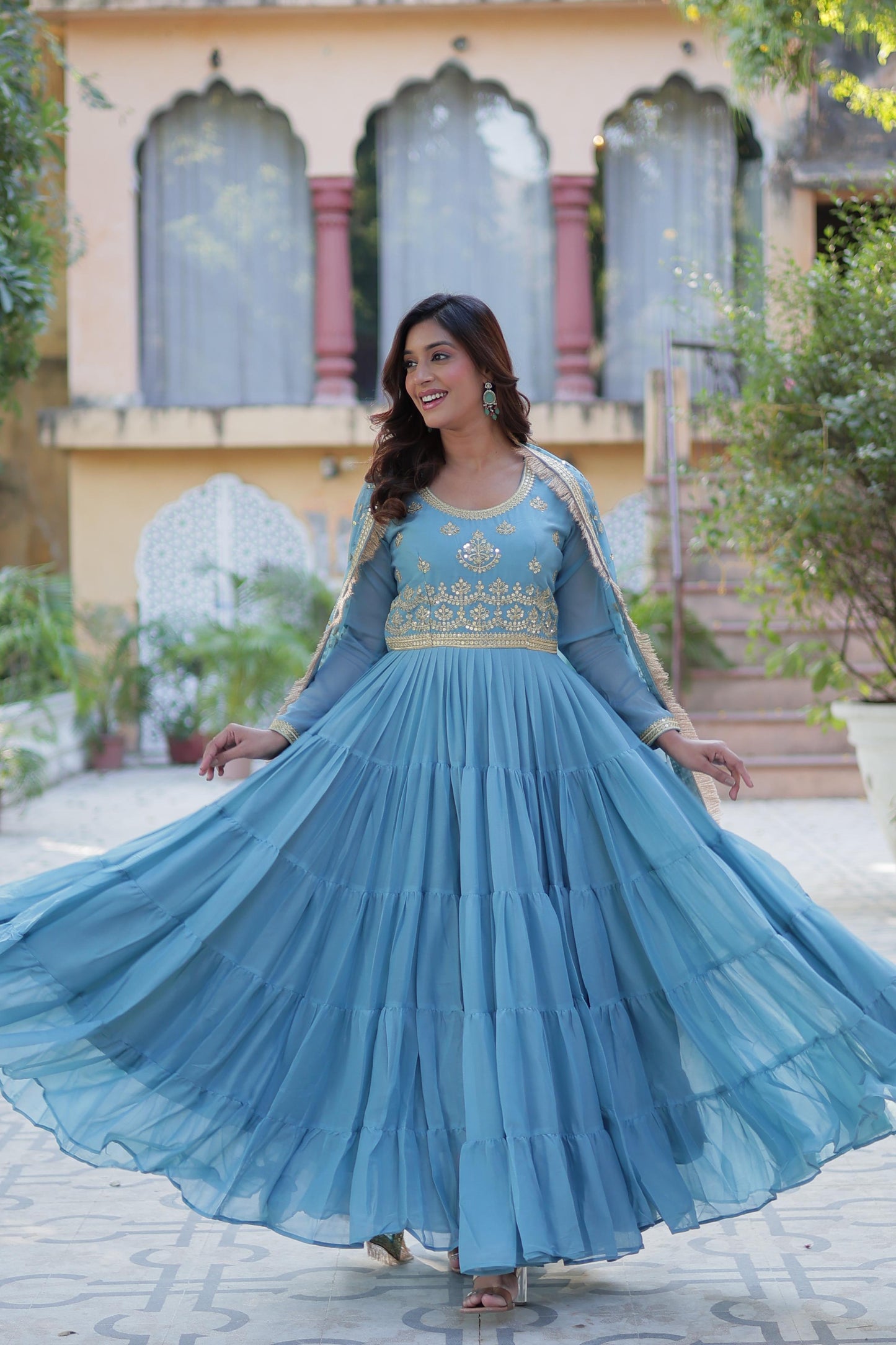 Spellbinding Georgette Ruffle Sequins Embroidered Gown With Dupatta - INDIAN ELEGANCE