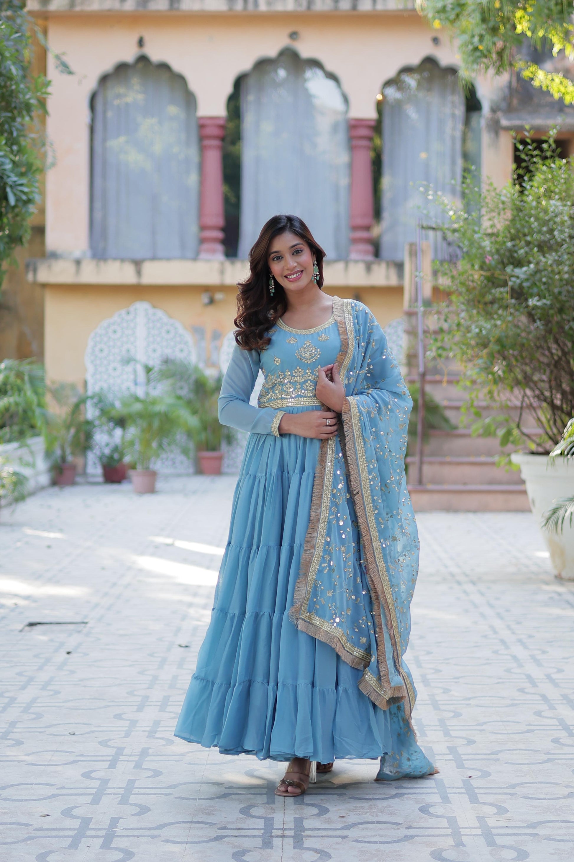 Spellbinding Georgette Ruffle Sequins Embroidered Gown With Dupatta - INDIAN ELEGANCE
