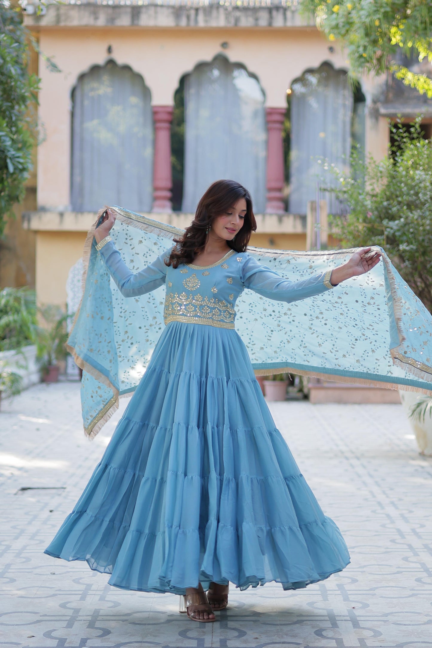 Spellbinding Georgette Ruffle Sequins Embroidered Gown With Dupatta - INDIAN ELEGANCE