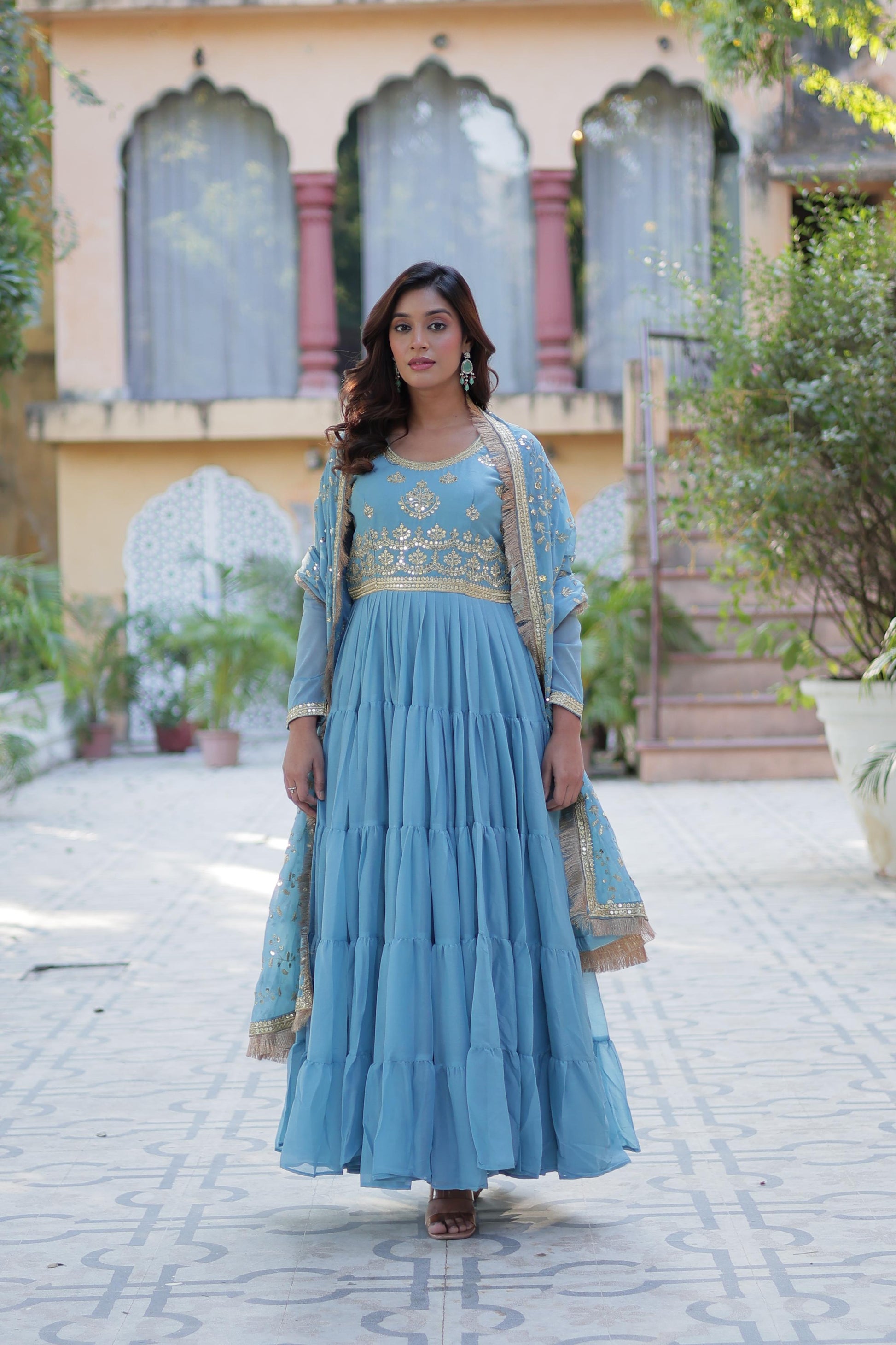 Spellbinding Georgette Ruffle Sequins Embroidered Gown With Dupatta - INDIAN ELEGANCE