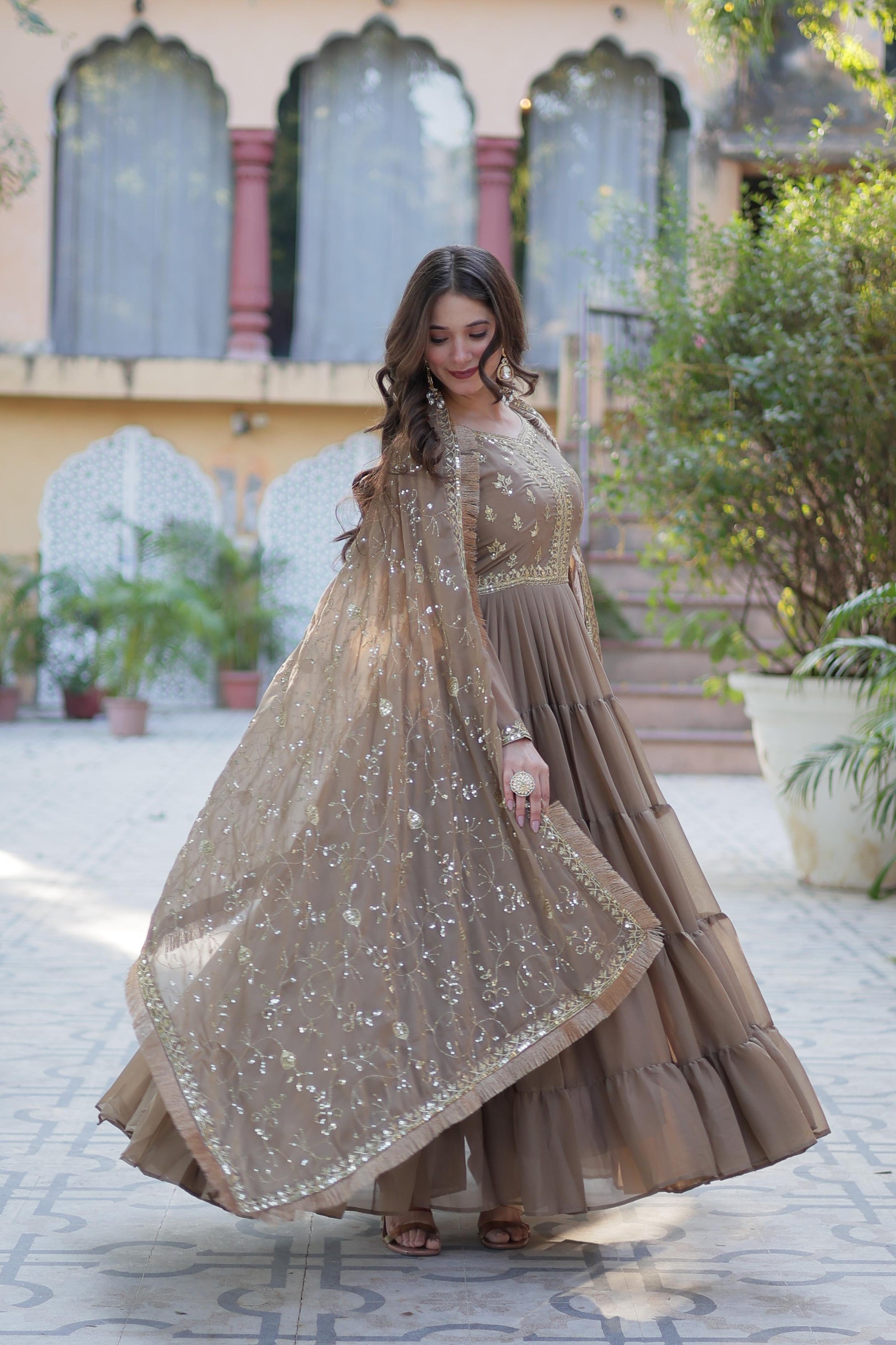 Spellbinding Georgette Ruffle Sequins Embroidered Gown With Dupatta - INDIAN ELEGANCE