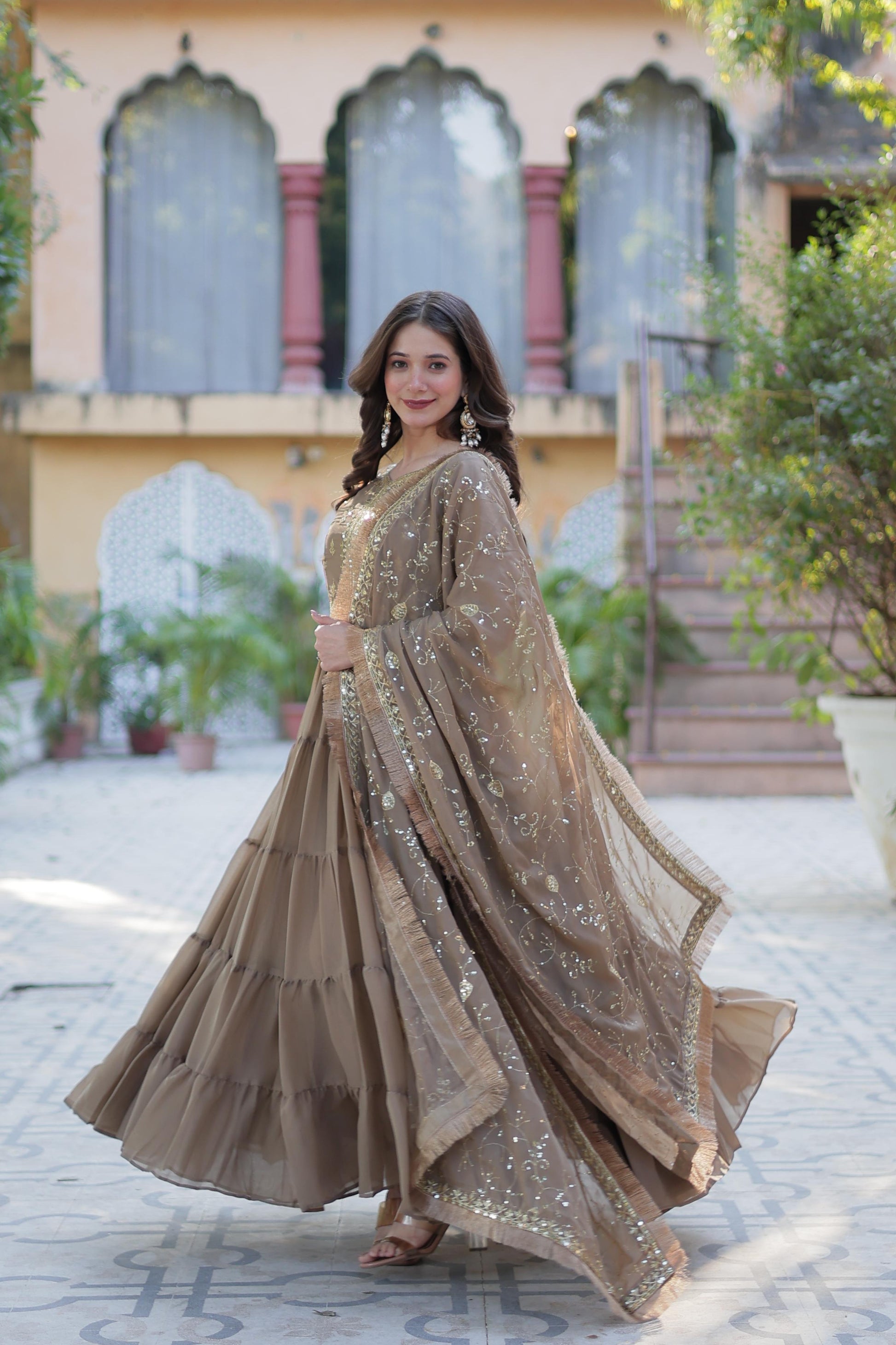 Spellbinding Georgette Ruffle Sequins Embroidered Gown With Dupatta - INDIAN ELEGANCE