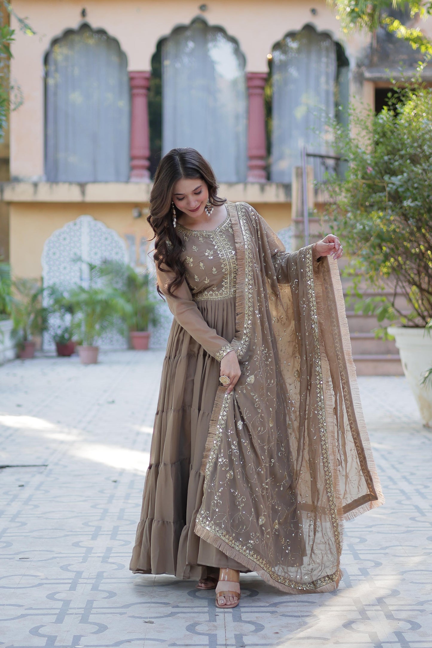 Spellbinding Georgette Ruffle Sequins Embroidered Gown With Dupatta - INDIAN ELEGANCE