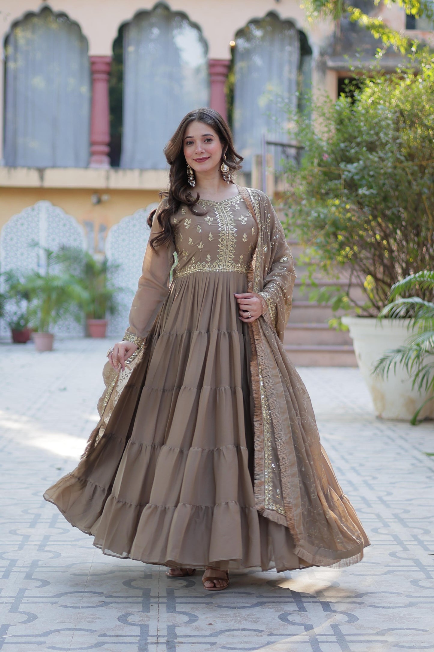 Spellbinding Georgette Ruffle Sequins Embroidered Gown With Dupatta - INDIAN ELEGANCE