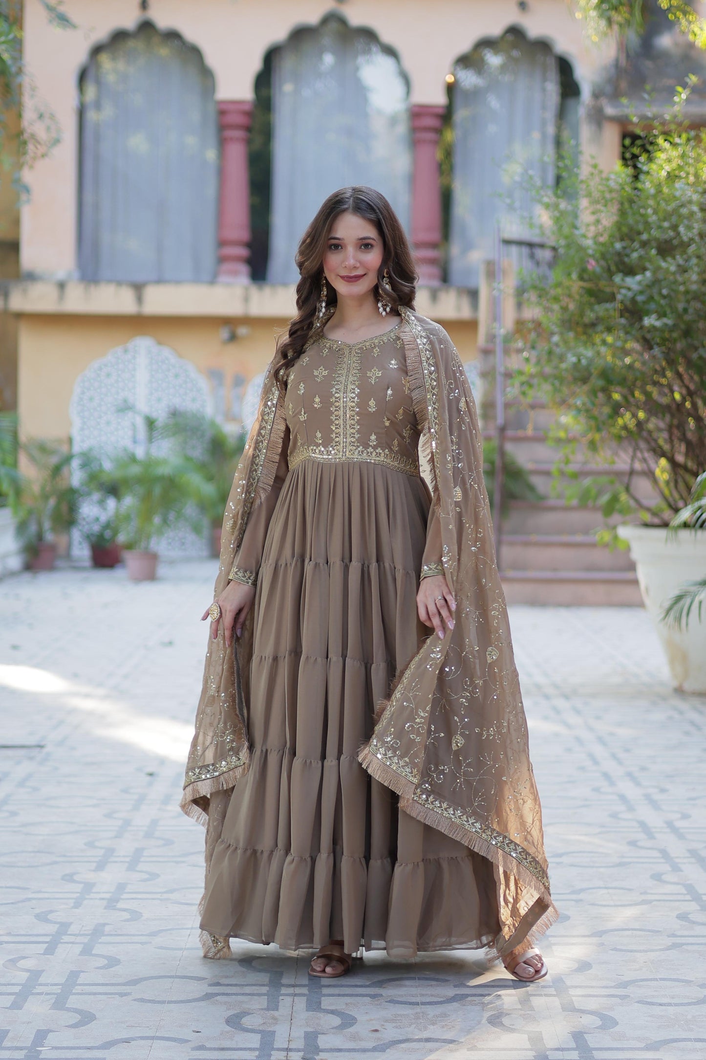 Spellbinding Georgette Ruffle Sequins Embroidered Gown With Dupatta - INDIAN ELEGANCE