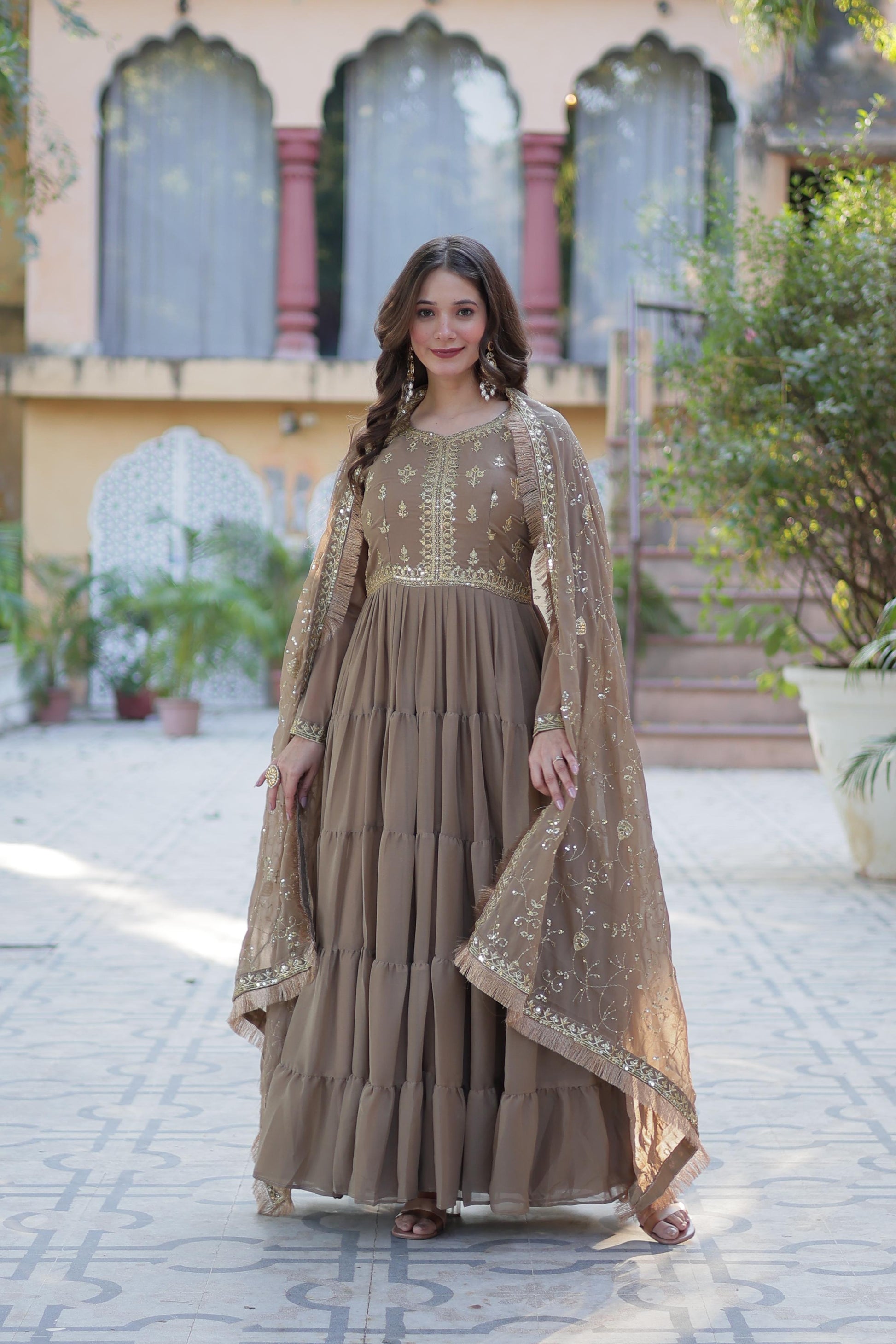 Spellbinding Georgette Ruffle Sequins Embroidered Gown With Dupatta - INDIAN ELEGANCE