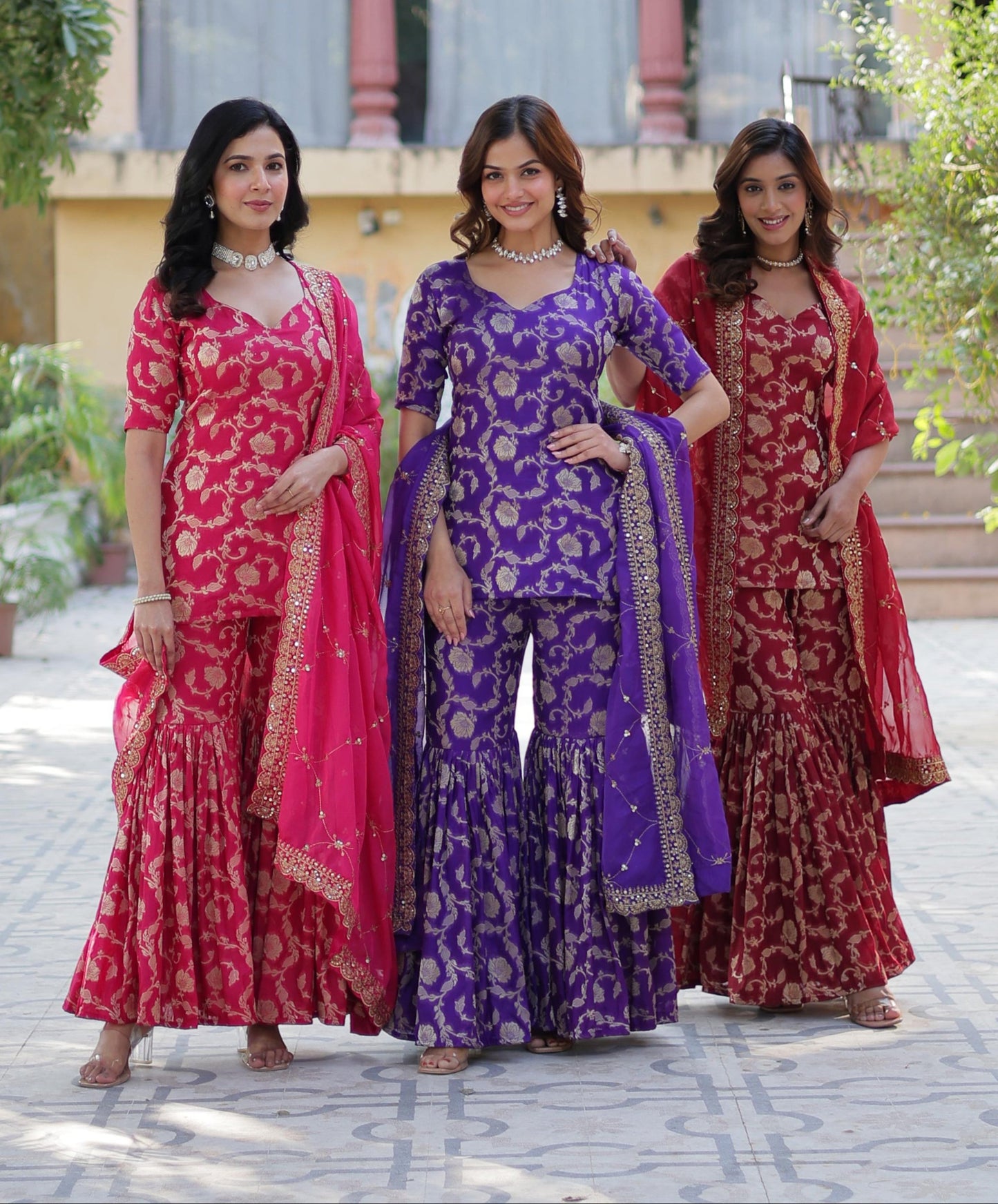 Stunning Viscous Georgette Jacquard Designer Top Sharara Suit - INDIAN ELEGANCE