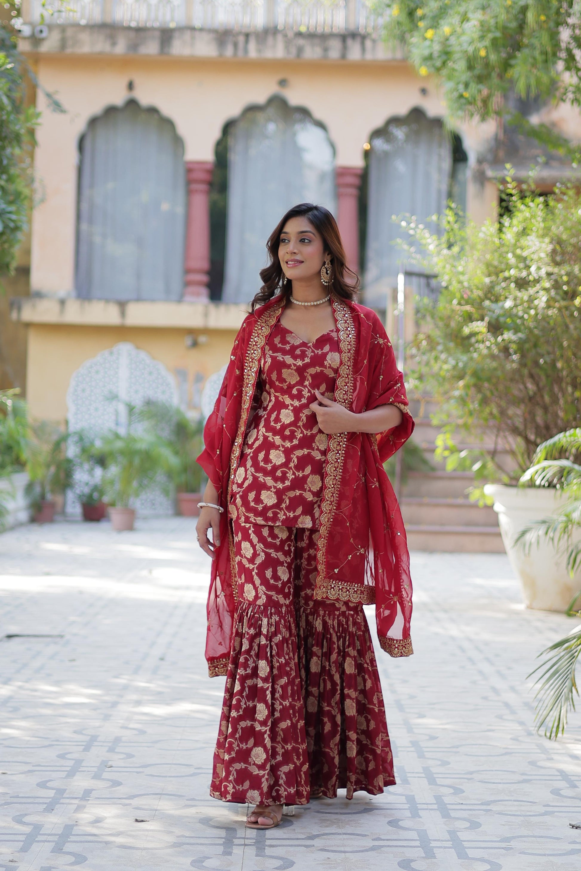 Stunning Viscous Georgette Jacquard Designer Top Sharara Suit - INDIAN ELEGANCE