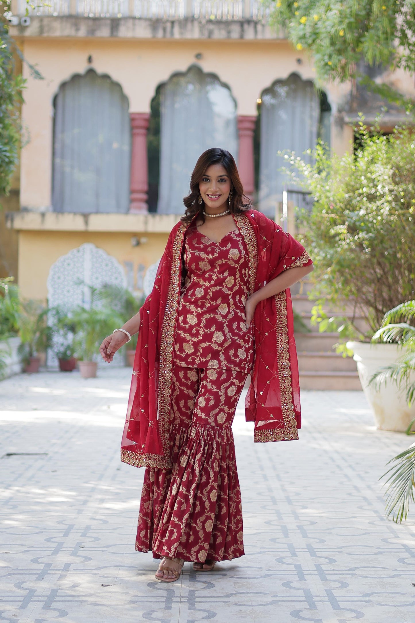 Stunning Viscous Georgette Jacquard Designer Top Sharara Suit - INDIAN ELEGANCE