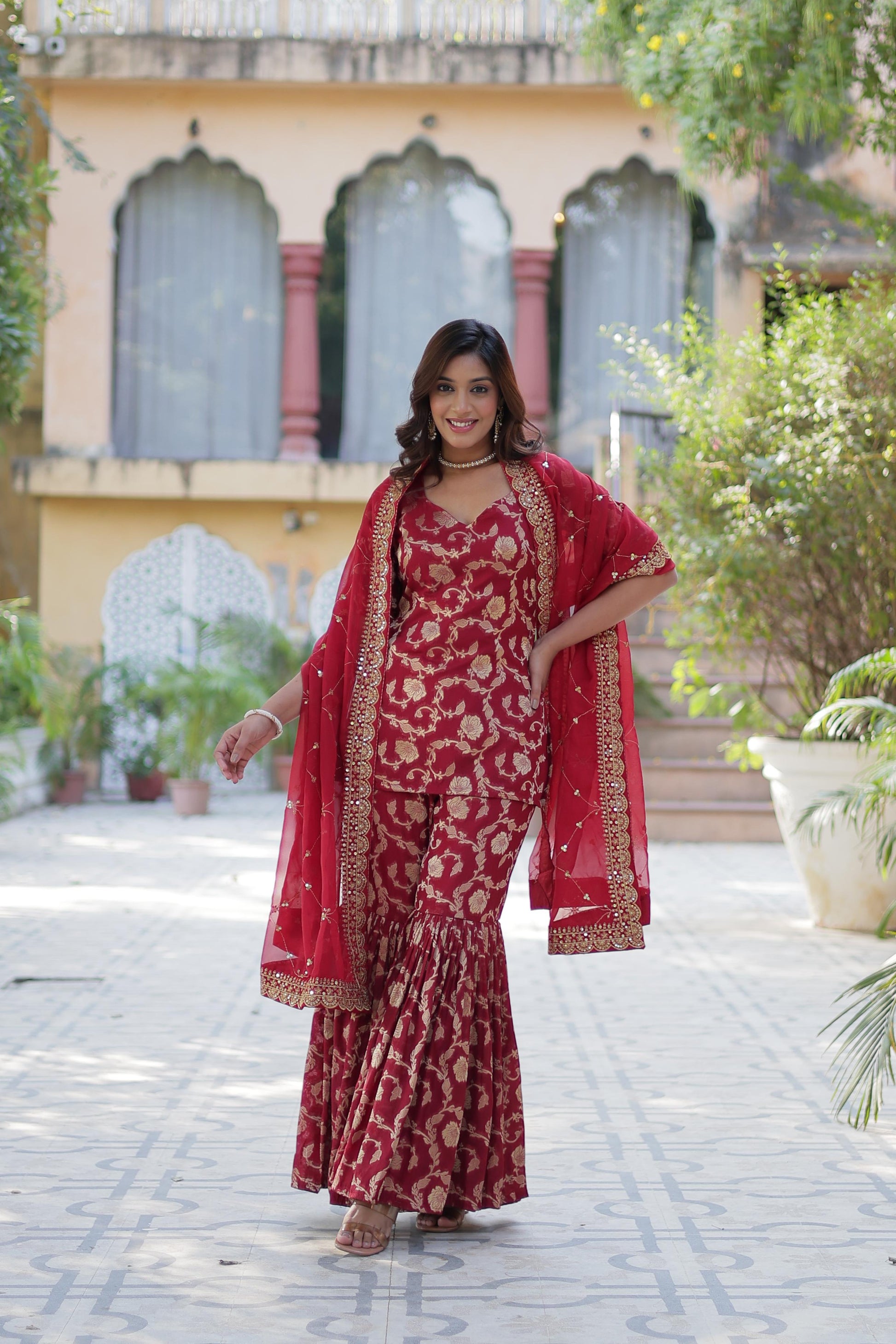 Stunning Viscous Georgette Jacquard Designer Top Sharara Suit - INDIAN ELEGANCE