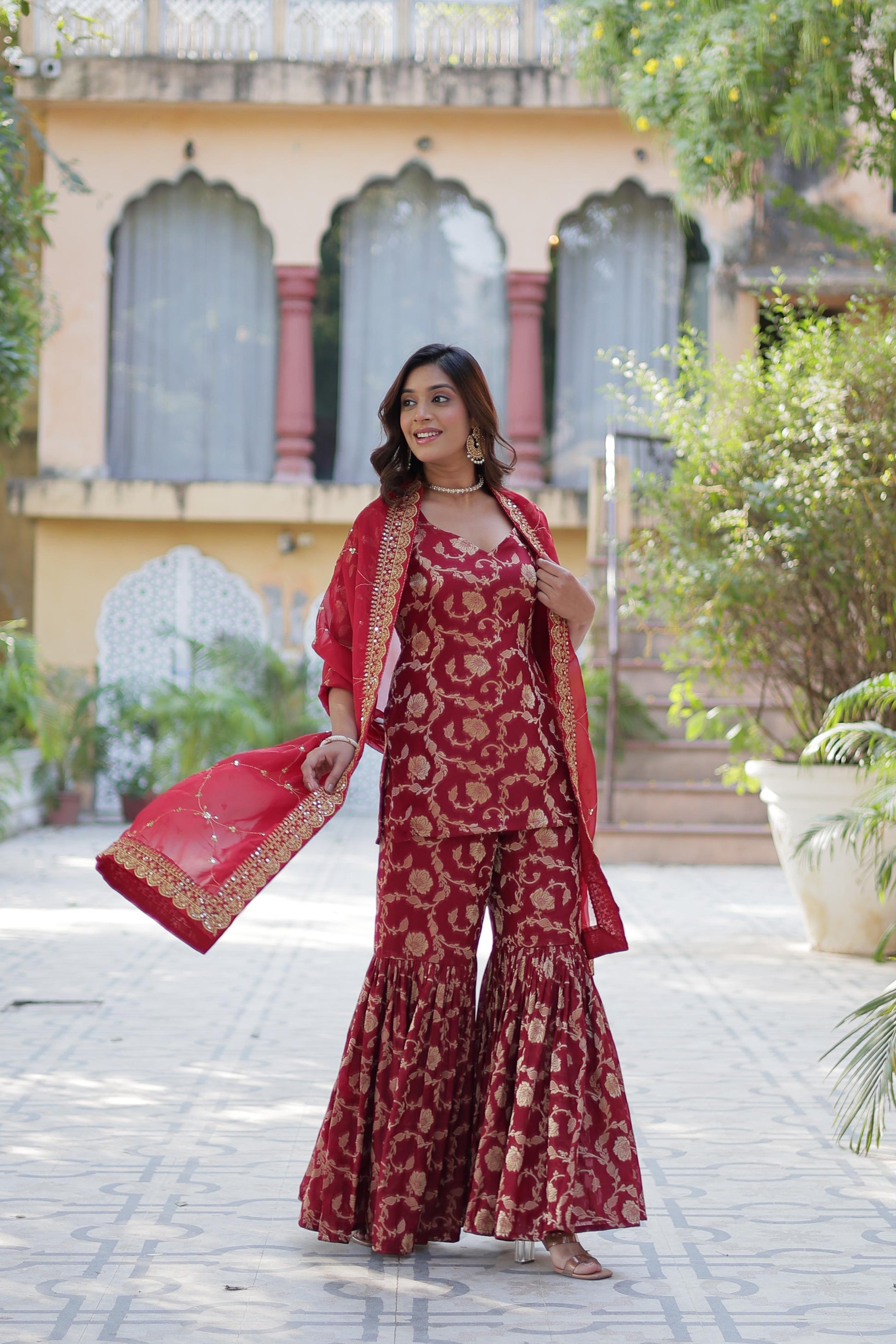 Stunning Viscous Georgette Jacquard Designer Top Sharara Suit - INDIAN ELEGANCE
