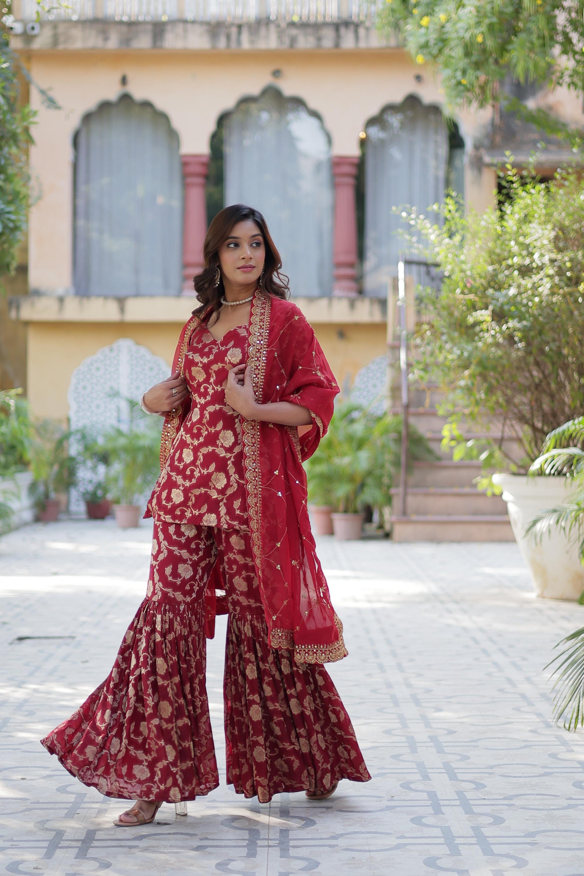 Stunning Viscous Georgette Jacquard Designer Top Sharara Suit - INDIAN ELEGANCE