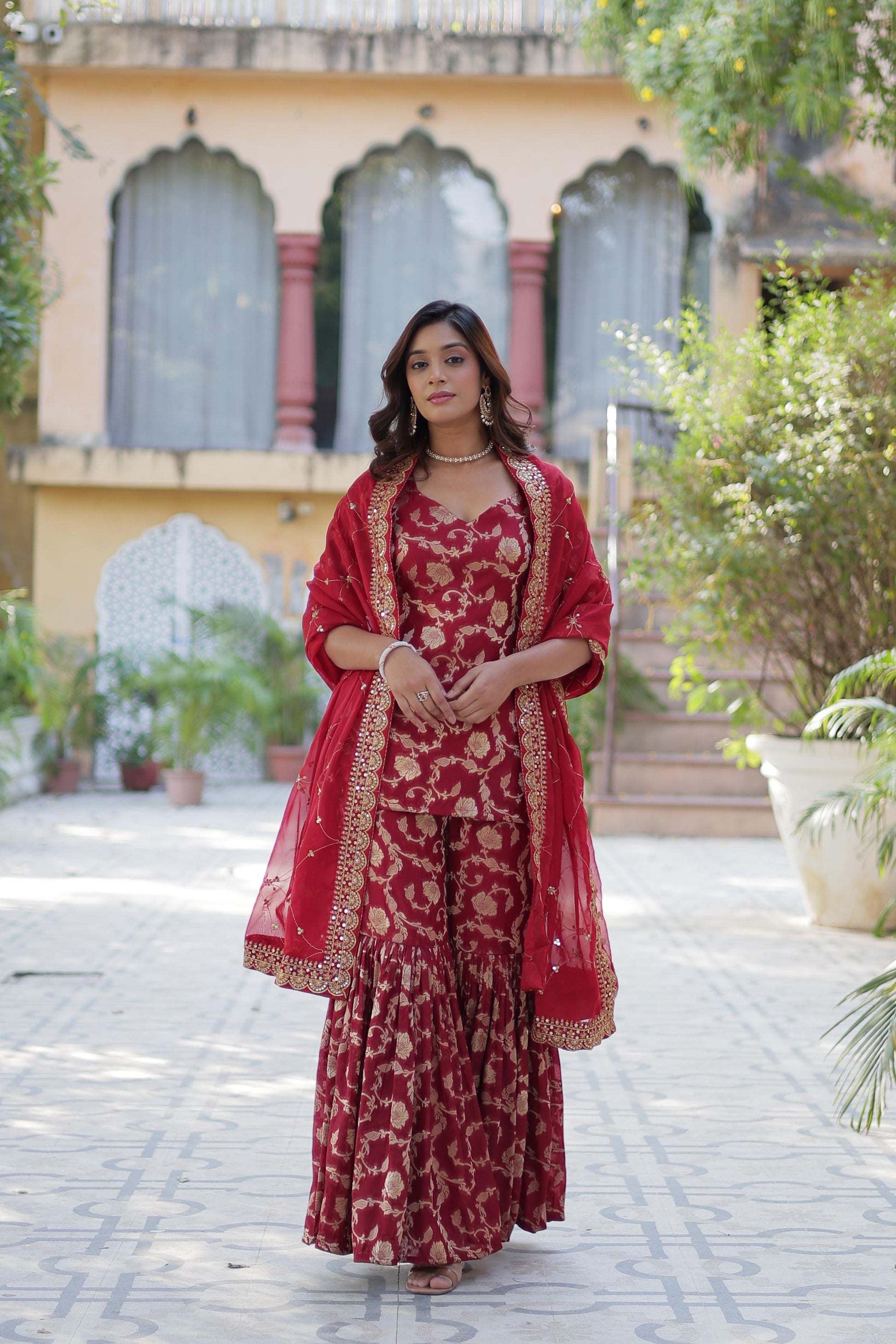 Stunning Viscous Georgette Jacquard Designer Top Sharara Suit - INDIAN ELEGANCE
