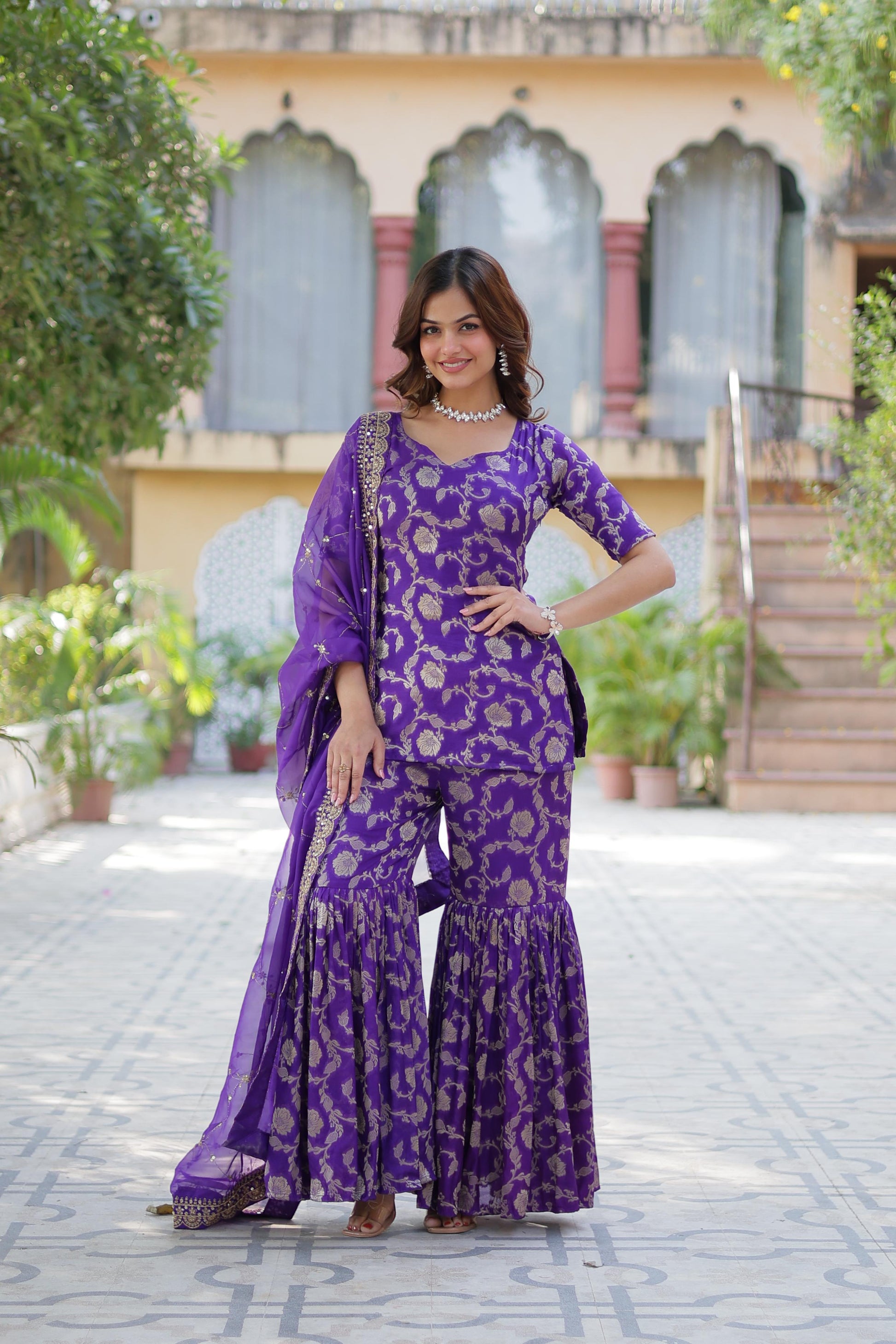 Stunning Viscous Georgette Jacquard Designer Top Sharara Suit - INDIAN ELEGANCE