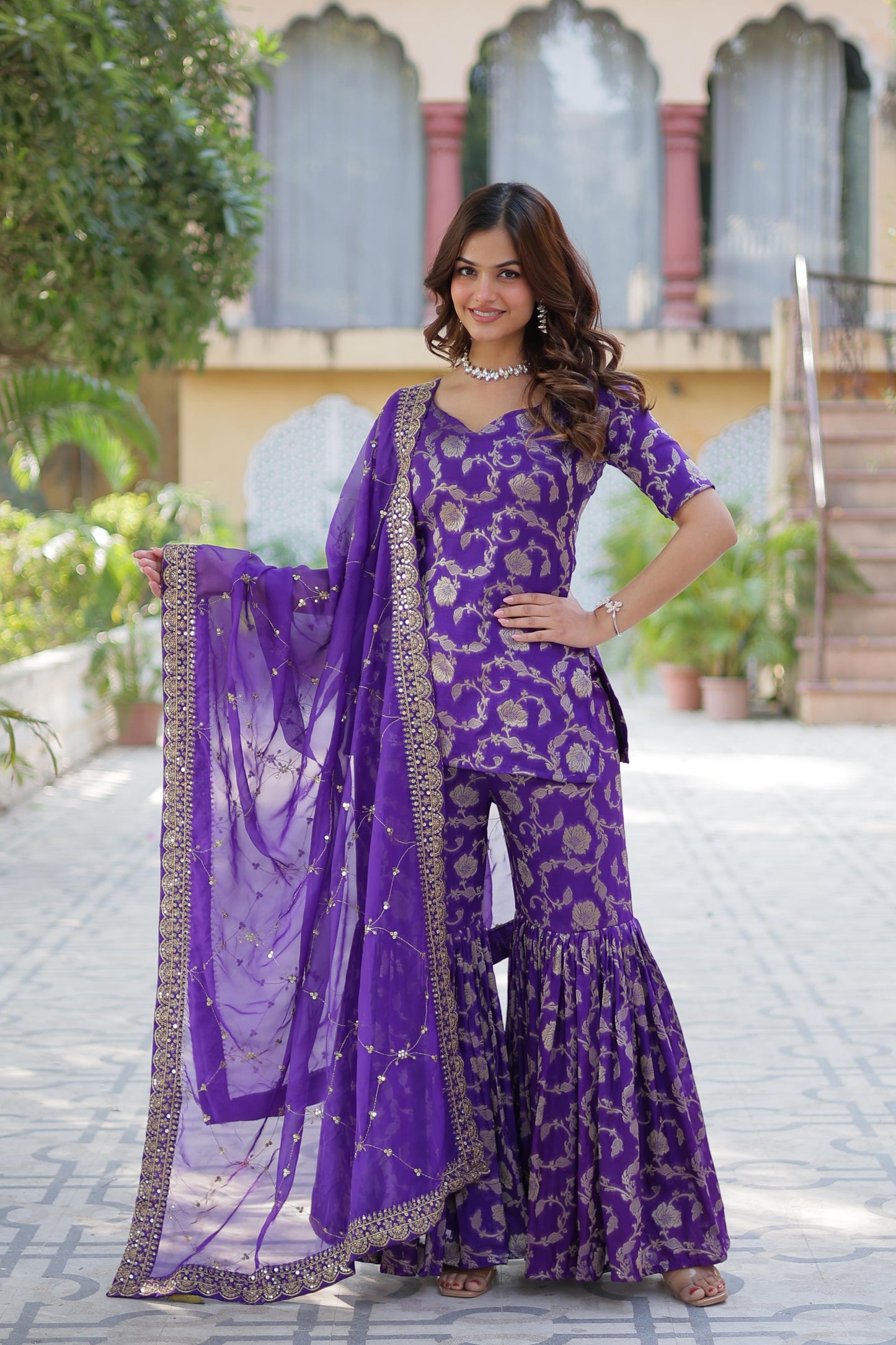 Stunning Viscous Georgette Jacquard Designer Top Sharara Suit - INDIAN ELEGANCE