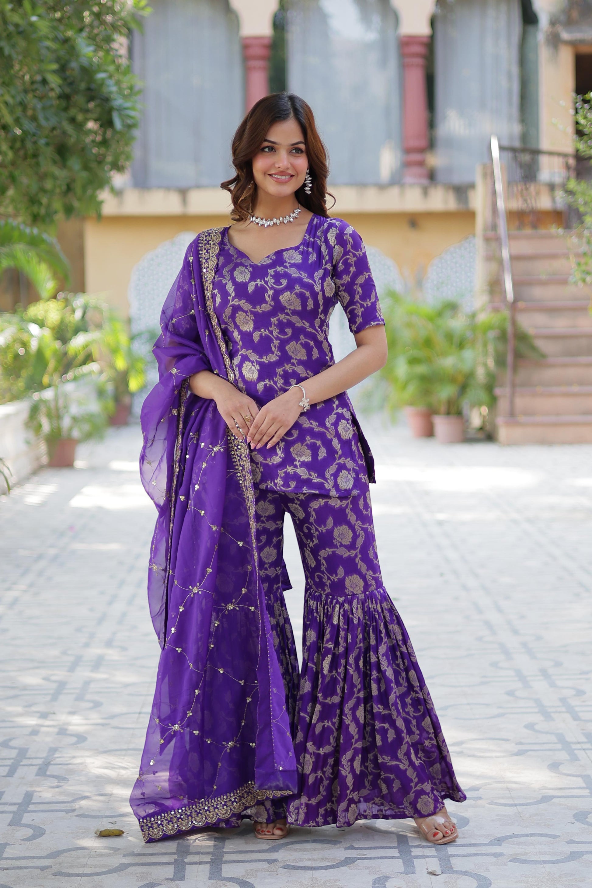Stunning Viscous Georgette Jacquard Designer Top Sharara Suit - INDIAN ELEGANCE