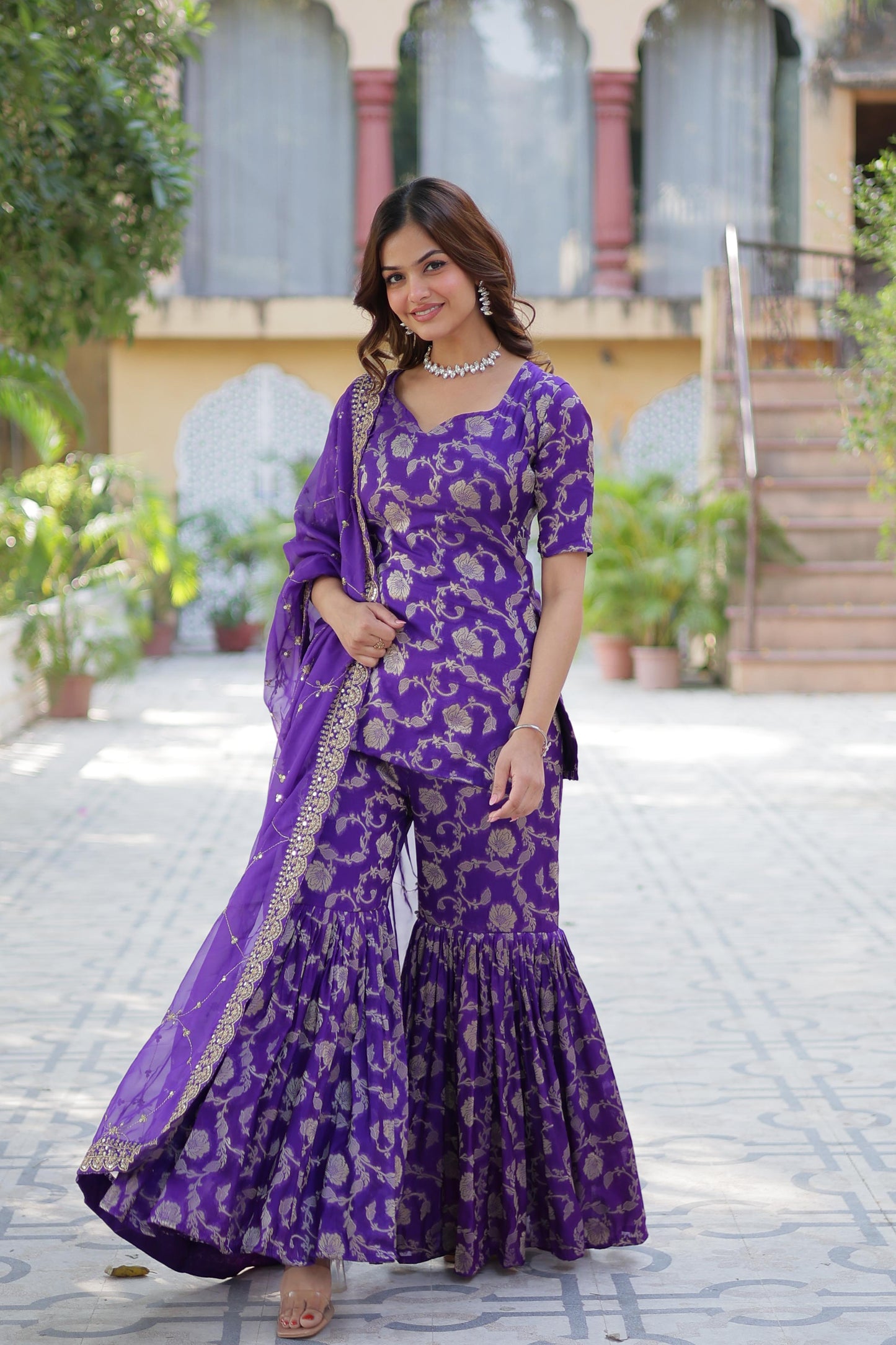 Stunning Viscous Georgette Jacquard Designer Top Sharara Suit - INDIAN ELEGANCE