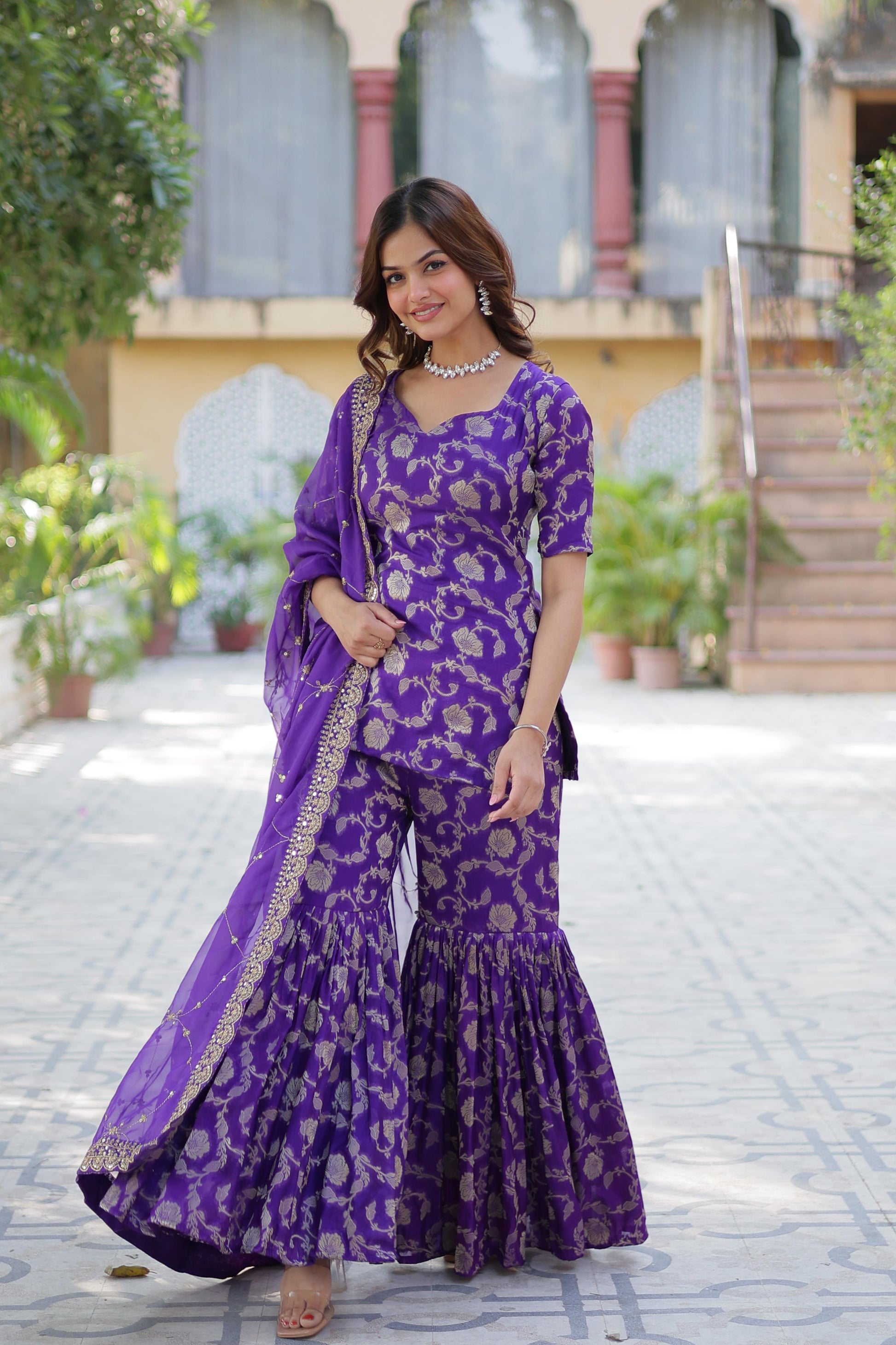 Stunning Viscous Georgette Jacquard Designer Top Sharara Suit - INDIAN ELEGANCE