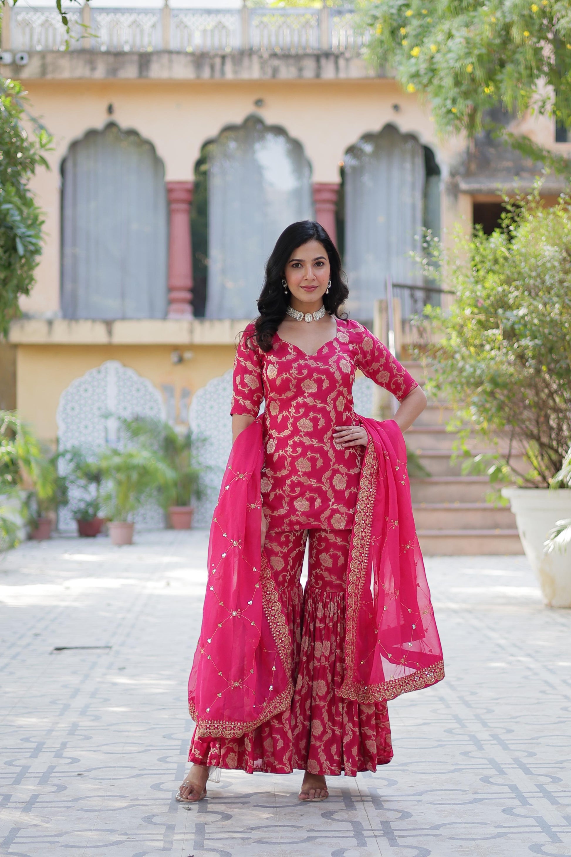 Stunning Viscous Georgette Jacquard Designer Top Sharara Suit - INDIAN ELEGANCE