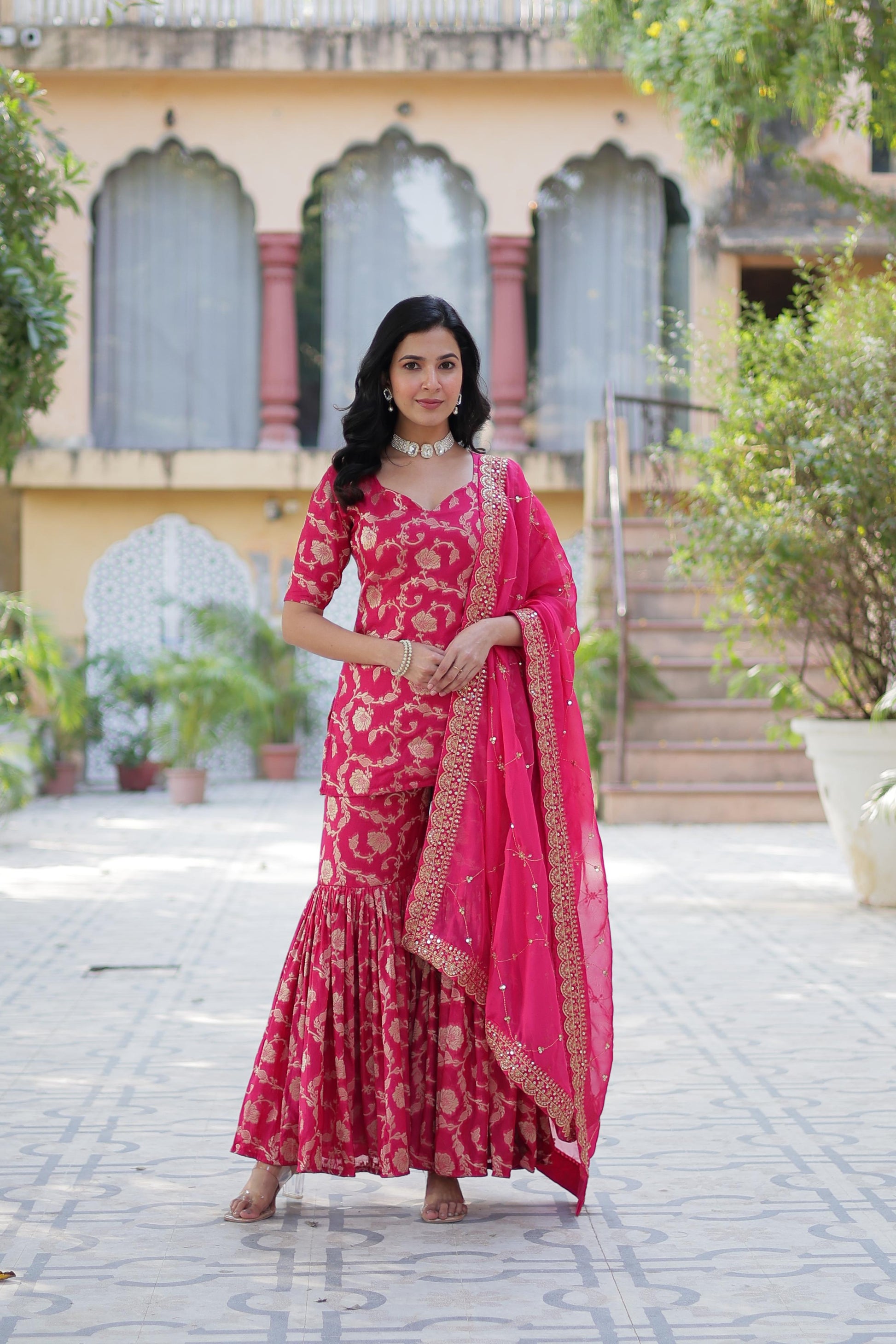 Stunning Viscous Georgette Jacquard Designer Top Sharara Suit - INDIAN ELEGANCE