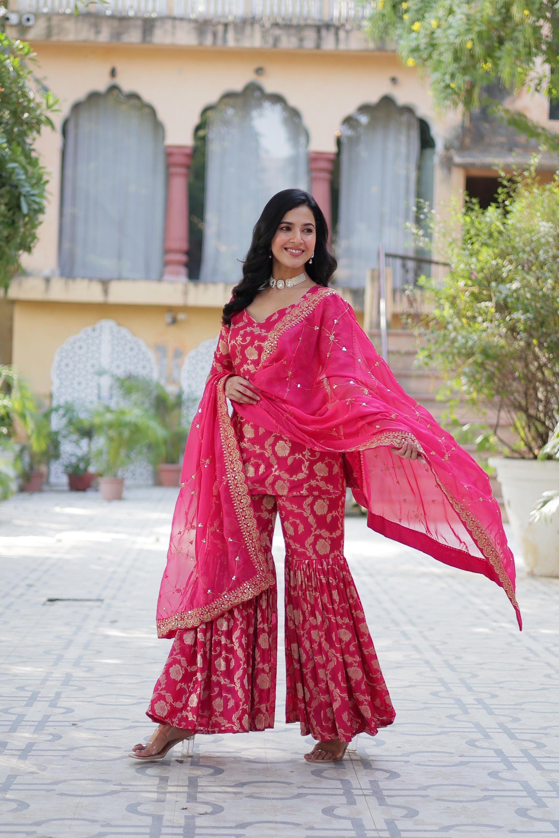 Stunning Viscous Georgette Jacquard Designer Top Sharara Suit - INDIAN ELEGANCE