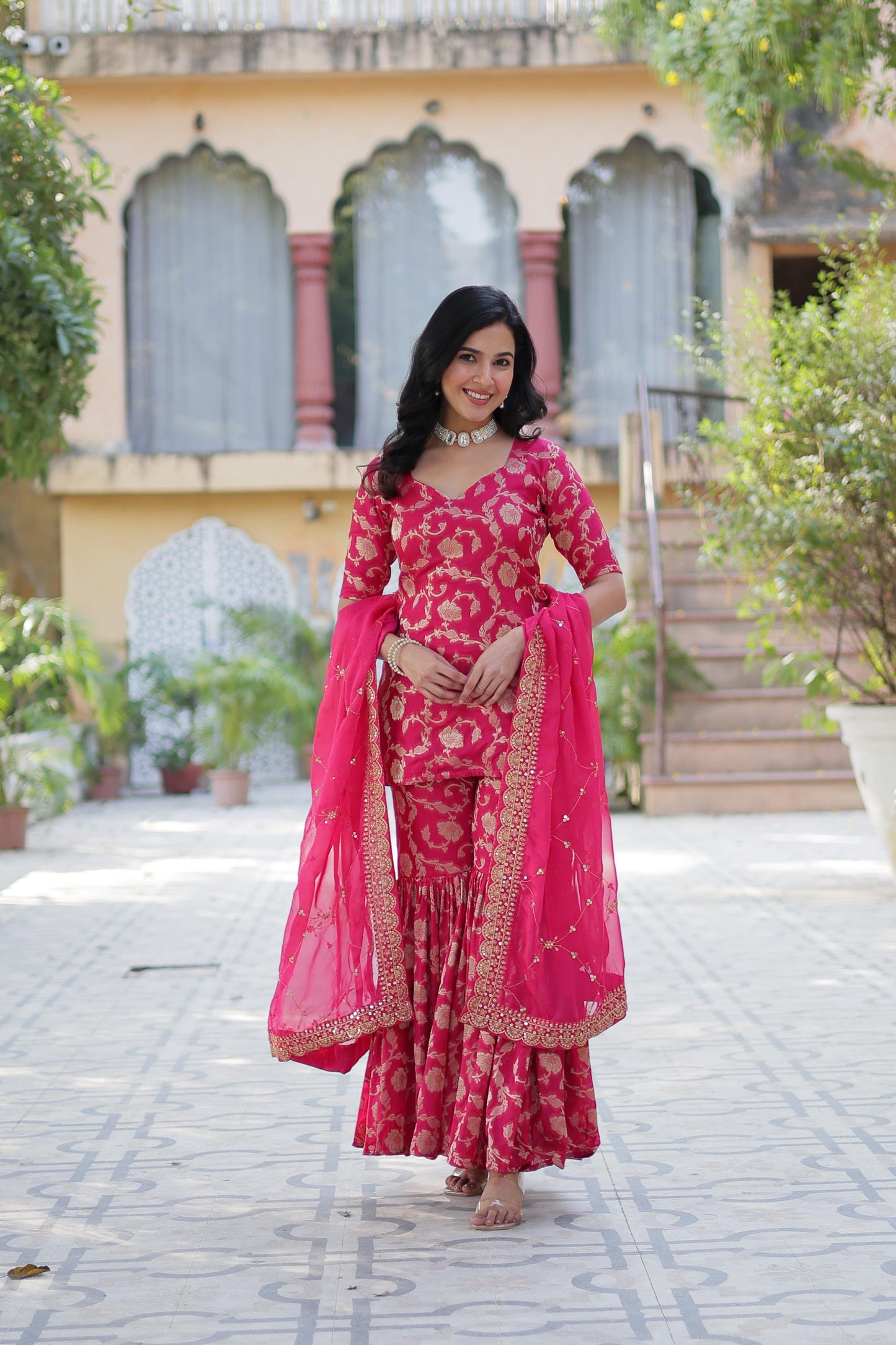 Stunning Viscous Georgette Jacquard Designer Top Sharara Suit - INDIAN ELEGANCE