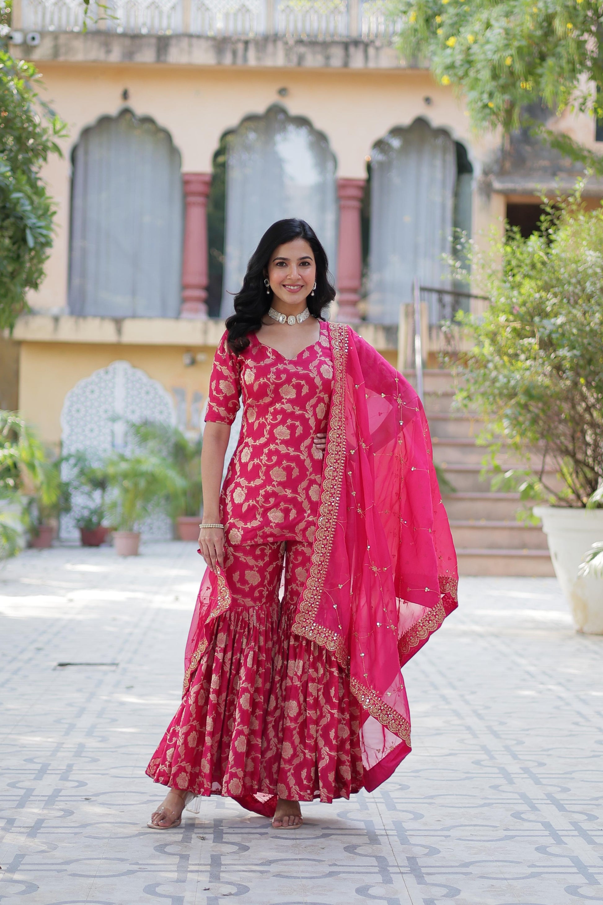 Stunning Viscous Georgette Jacquard Designer Top Sharara Suit - INDIAN ELEGANCE