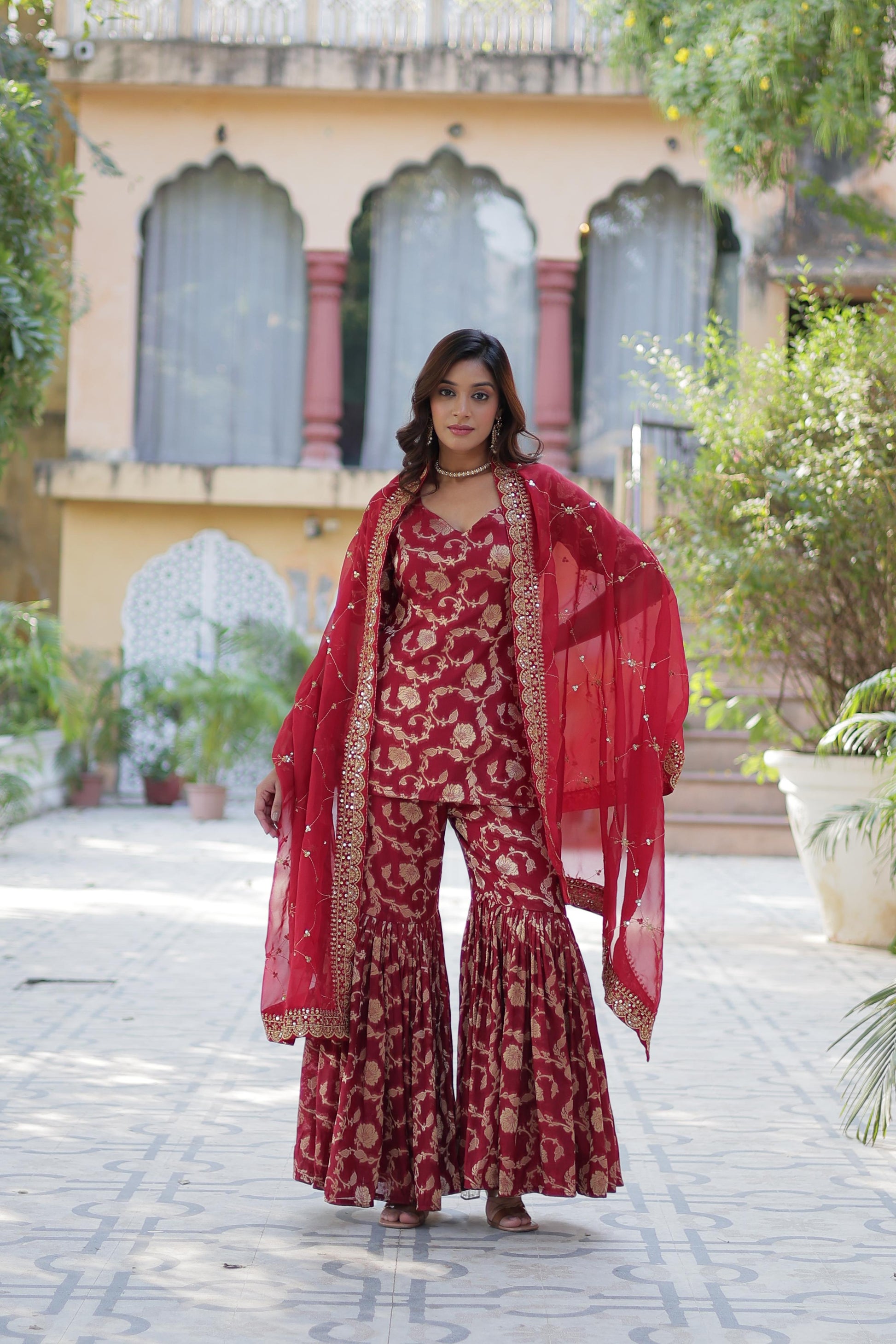 Stunning Viscous Georgette Jacquard Designer Top Sharara Suit - INDIAN ELEGANCE