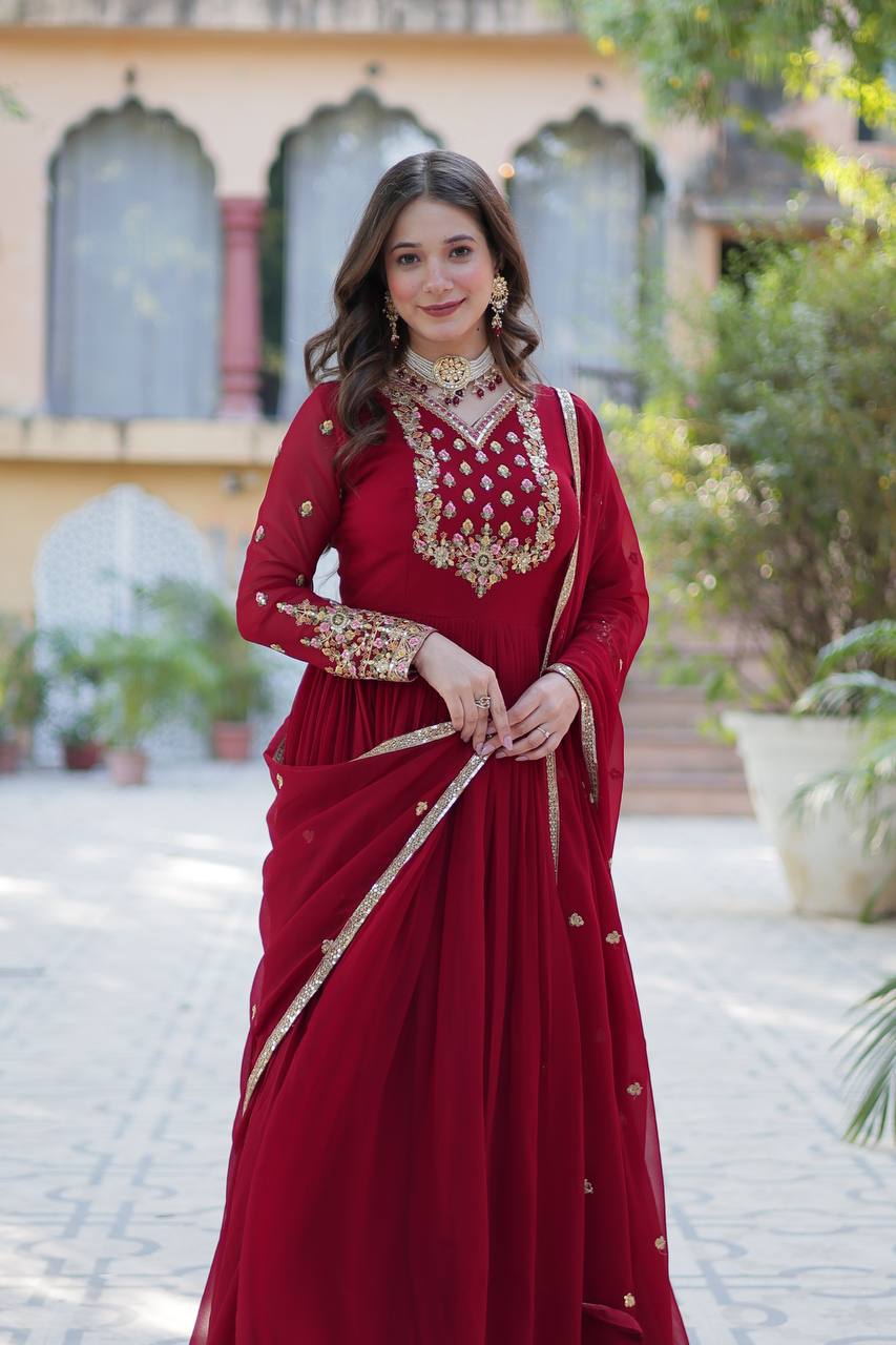 Ravishing Faux Georgette Rich Sequins Embroidered Gown With Dupatta - INDIAN ELEGANCE