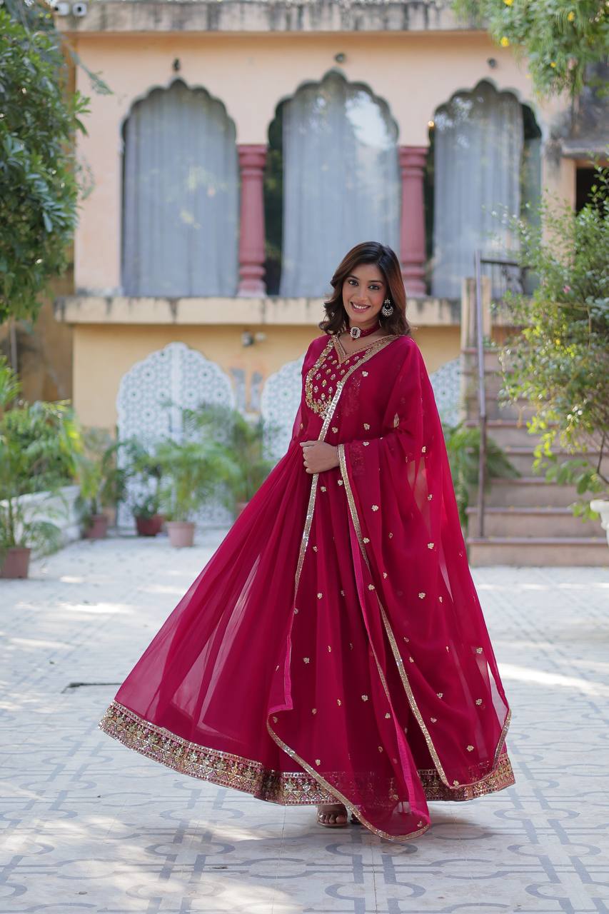Ravishing Faux Georgette Rich Sequins Embroidered Gown With Dupatta - INDIAN ELEGANCE