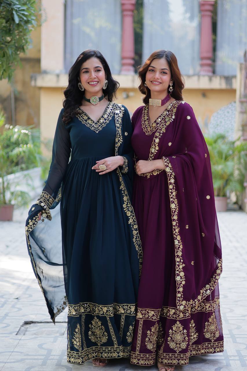 Timeless Grace – Faux Blooming Georgette Gown with Embroidered Dupatta - INDIAN ELEGANCE