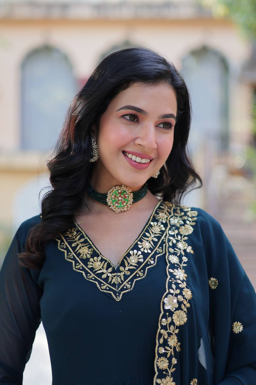 Timeless Grace – Faux Blooming Georgette Gown with Embroidered Dupatta - INDIAN ELEGANCE