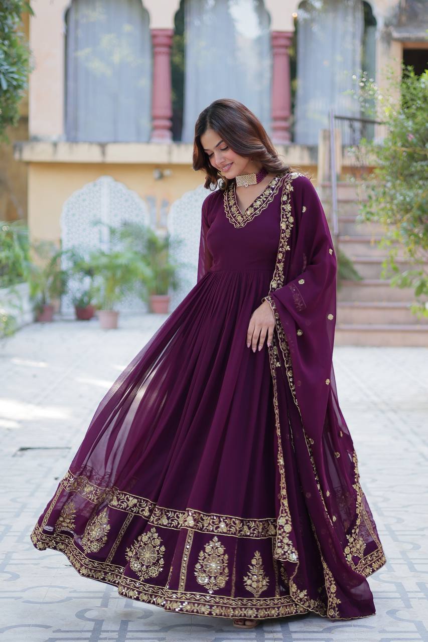 Timeless Grace – Faux Blooming Georgette Gown with Embroidered Dupatta - INDIAN ELEGANCE