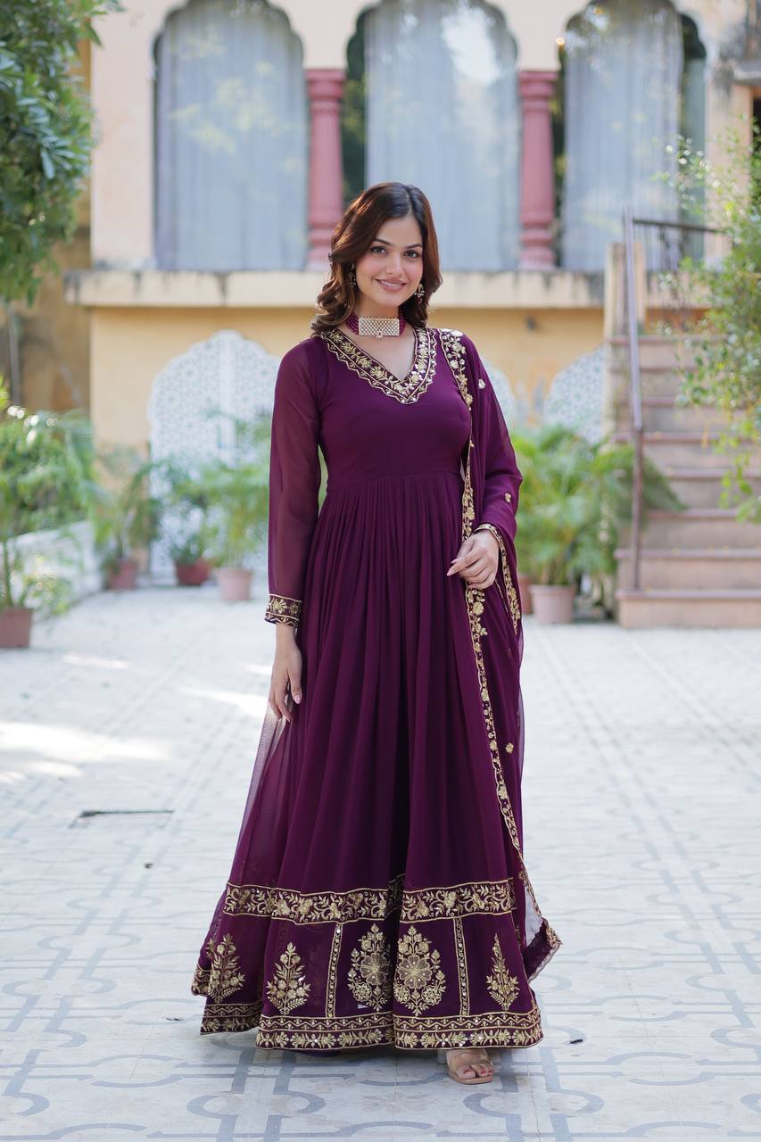 Timeless Grace – Faux Blooming Georgette Gown with Embroidered Dupatta - INDIAN ELEGANCE