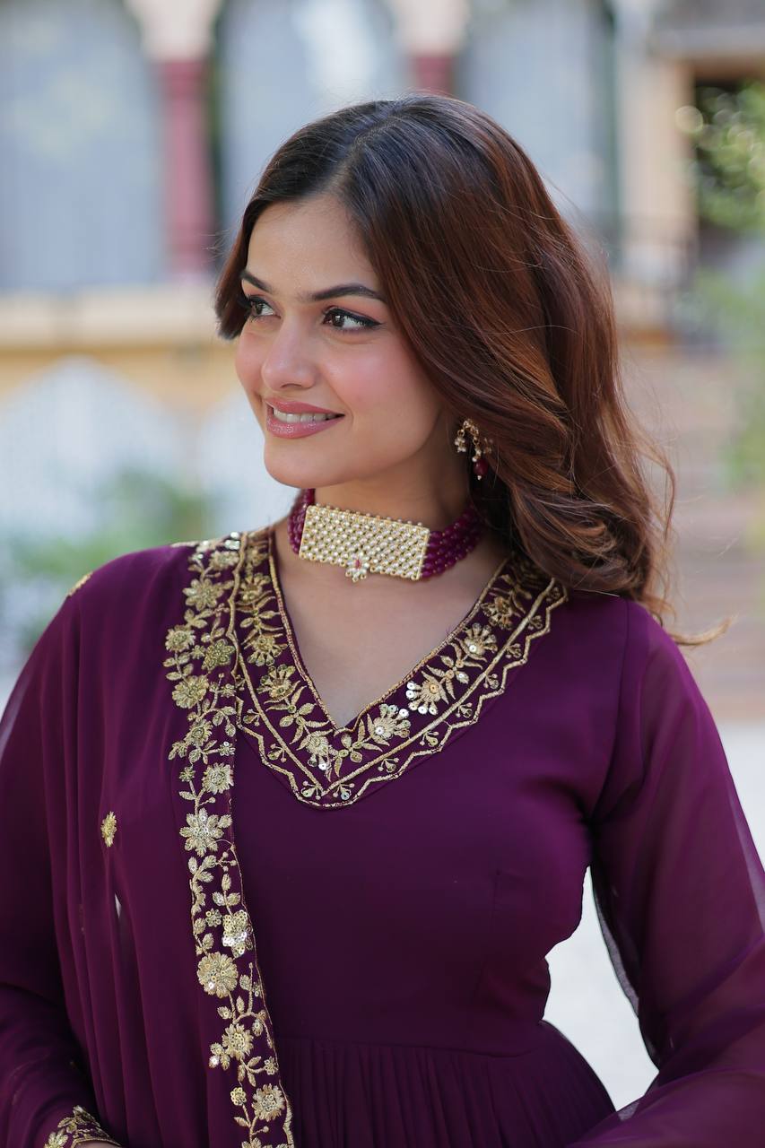 Timeless Grace – Faux Blooming Georgette Gown with Embroidered Dupatta - INDIAN ELEGANCE
