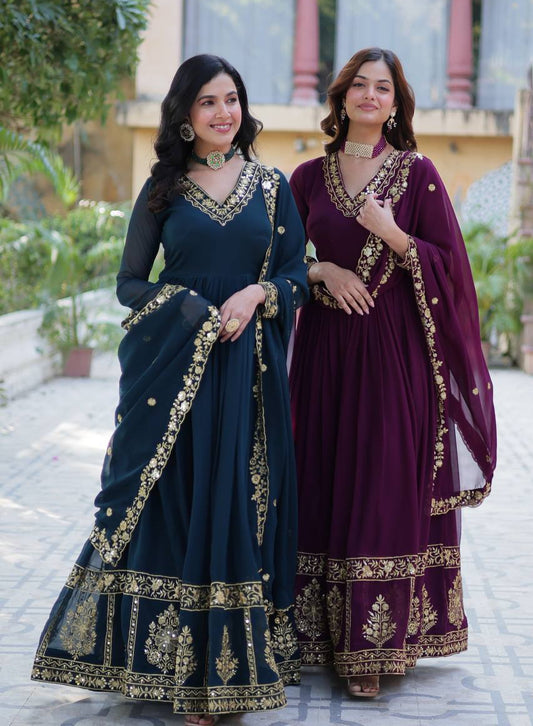 Timeless Grace – Faux Blooming Georgette Gown with Embroidered Dupatta - INDIAN ELEGANCE