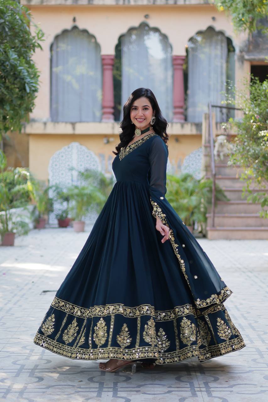 Timeless Grace – Faux Blooming Georgette Gown with Embroidered Dupatta - INDIAN ELEGANCE