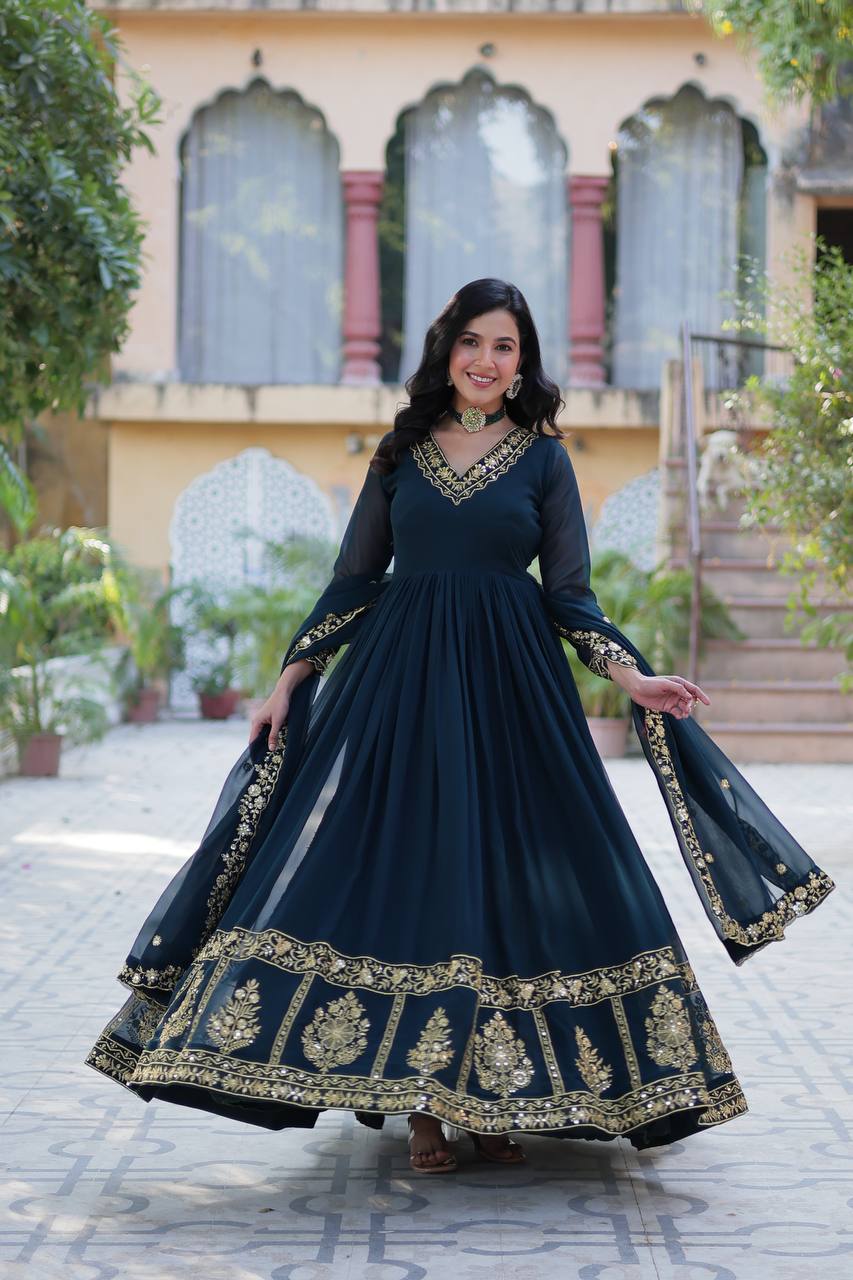 Timeless Grace – Faux Blooming Georgette Gown with Embroidered Dupatta - INDIAN ELEGANCE