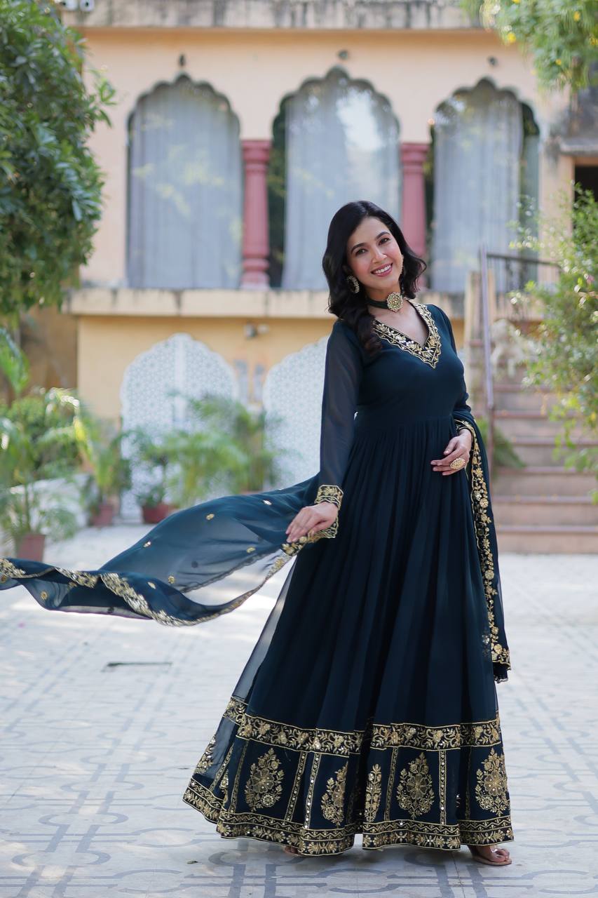 Timeless Grace – Faux Blooming Georgette Gown with Embroidered Dupatta - INDIAN ELEGANCE