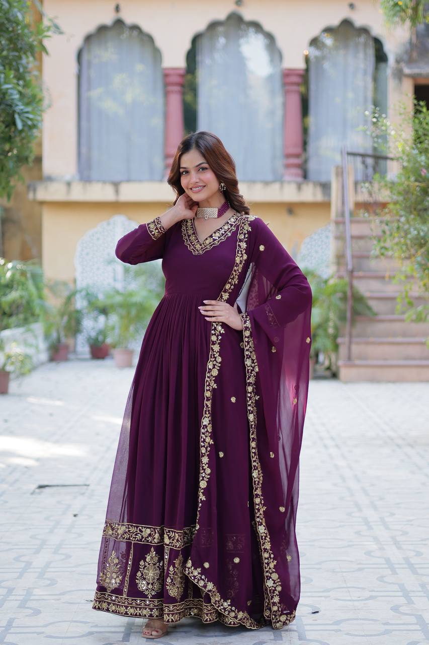 Timeless Grace – Faux Blooming Georgette Gown with Embroidered Dupatta - INDIAN ELEGANCE