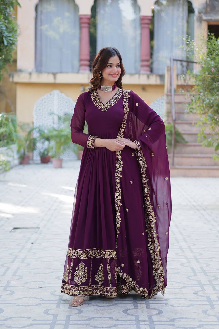Timeless Grace – Faux Blooming Georgette Gown with Embroidered Dupatta - INDIAN ELEGANCE