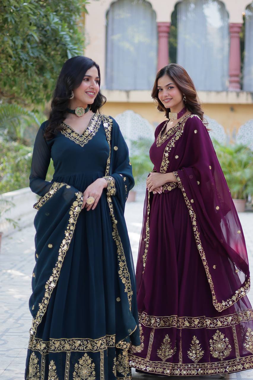 Timeless Grace – Faux Blooming Georgette Gown with Embroidered Dupatta - INDIAN ELEGANCE