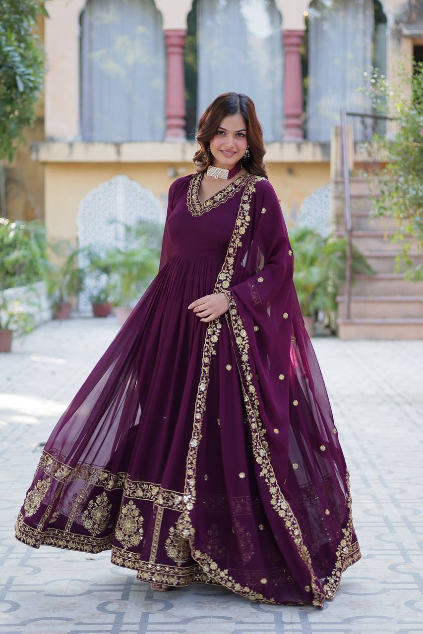 Timeless Grace – Faux Blooming Georgette Gown with Embroidered Dupatta - INDIAN ELEGANCE