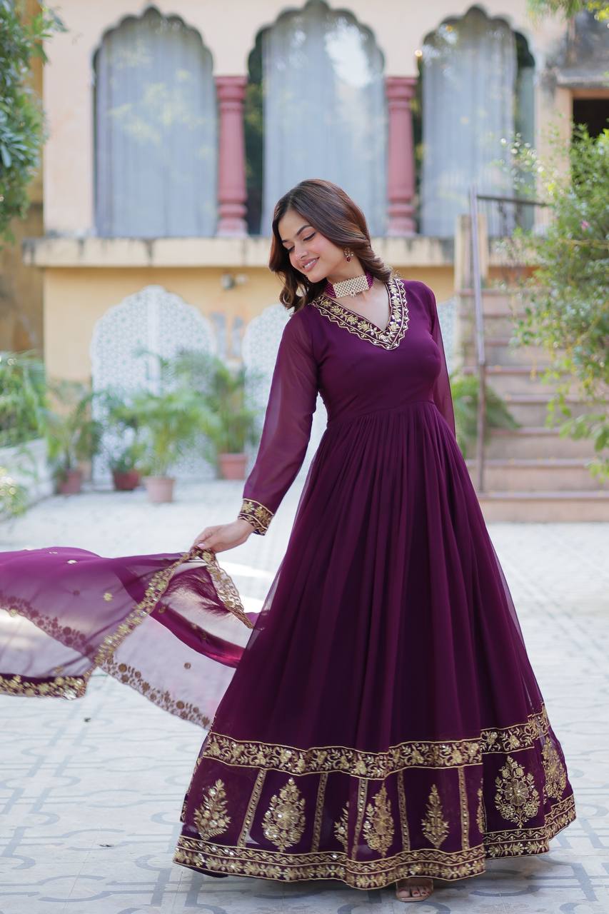 Timeless Grace – Faux Blooming Georgette Gown with Embroidered Dupatta - INDIAN ELEGANCE