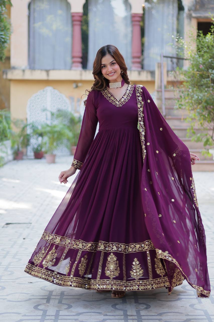 Timeless Grace – Faux Blooming Georgette Gown with Embroidered Dupatta - INDIAN ELEGANCE