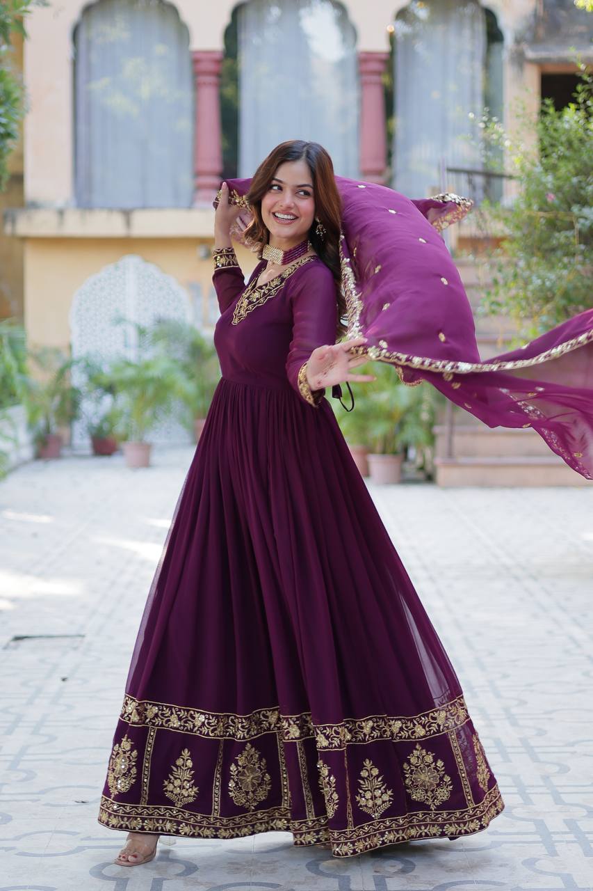 Timeless Grace – Faux Blooming Georgette Gown with Embroidered Dupatta - INDIAN ELEGANCE