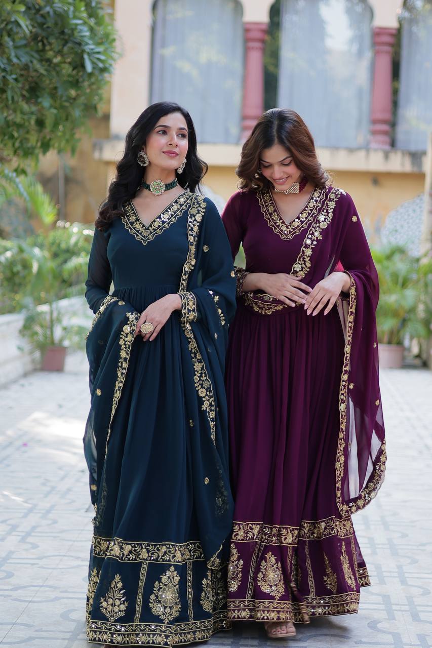 Timeless Grace – Faux Blooming Georgette Gown with Embroidered Dupatta - INDIAN ELEGANCE